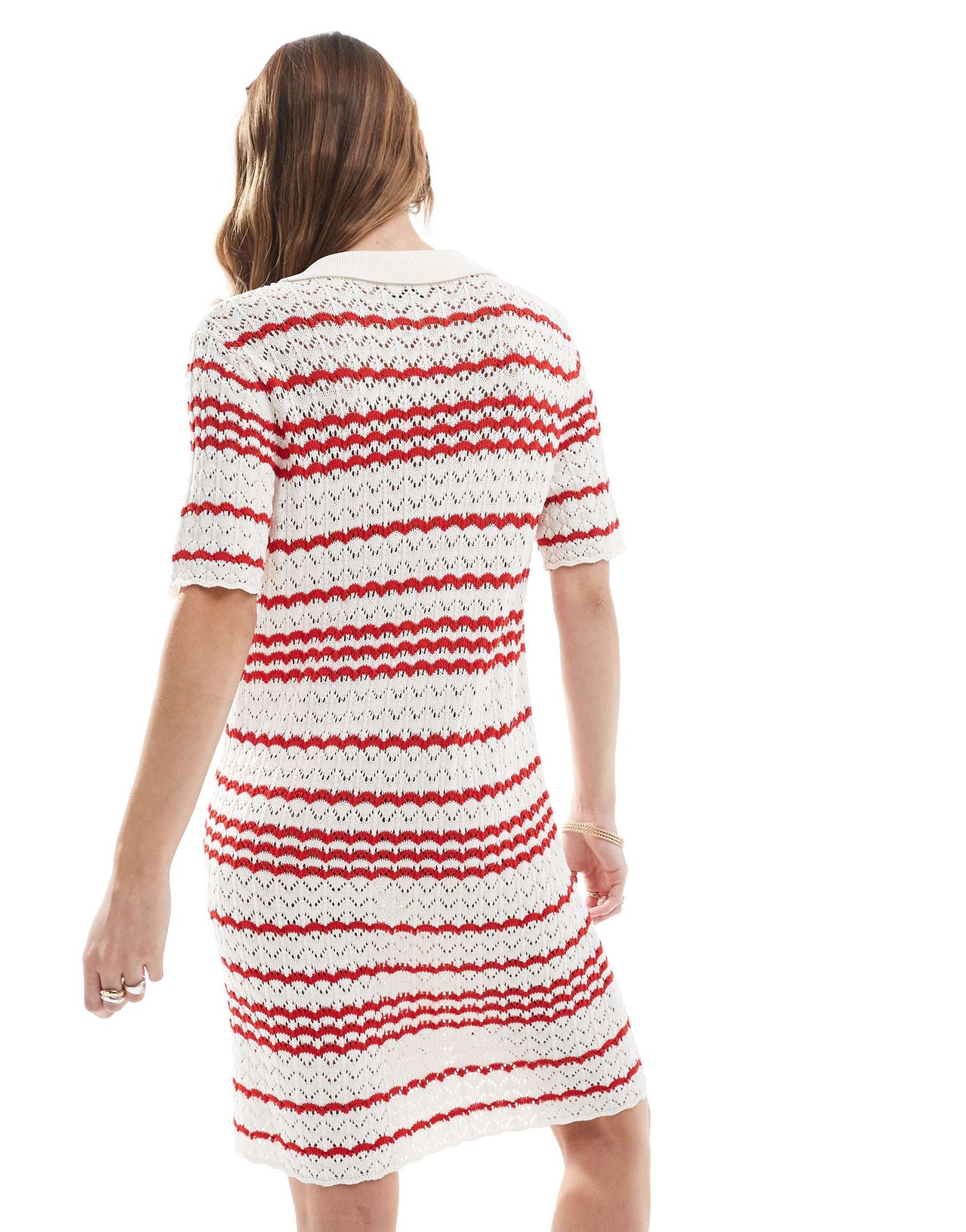 Miss Selfridge crochet contrast polo button through knit dress in red stripe