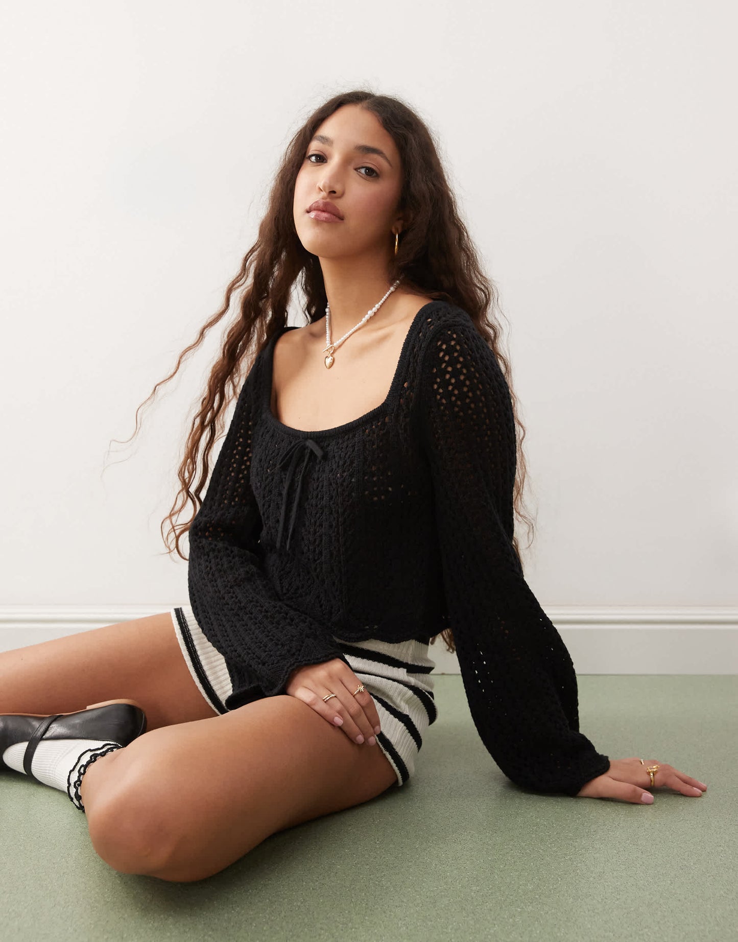 Miss Selfridge crochet square neck long sleeve jumper in black