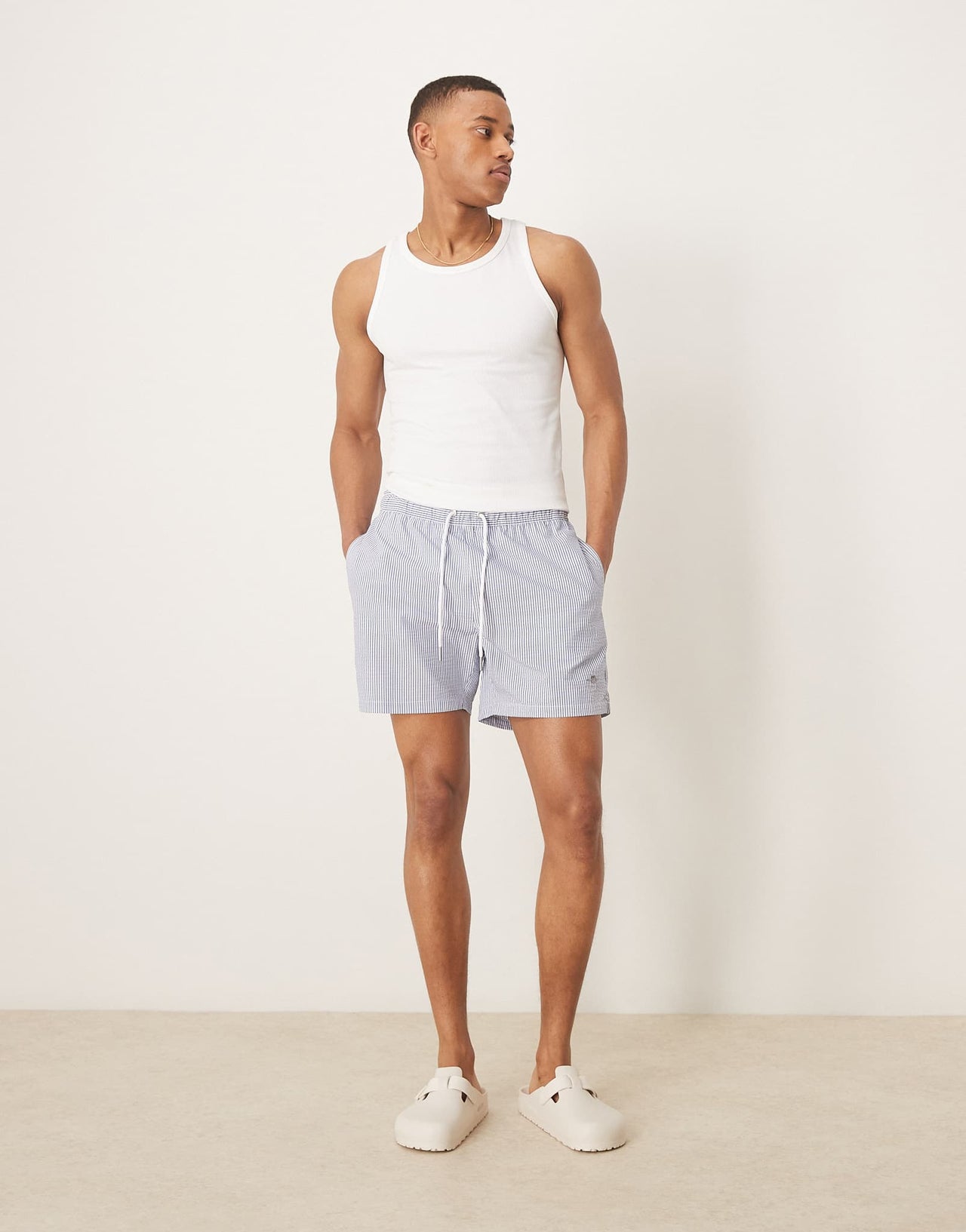 GANT shield logo seersucker swim shorts in blue stripe