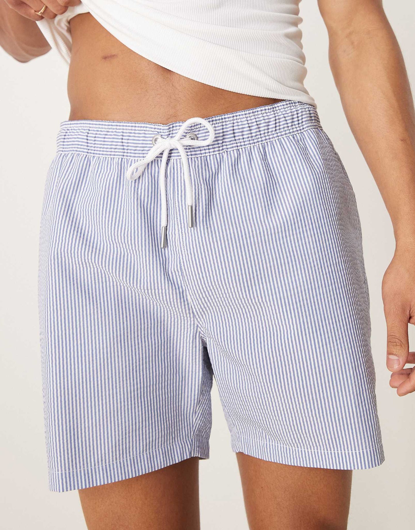 GANT shield logo seersucker swim shorts in blue stripe