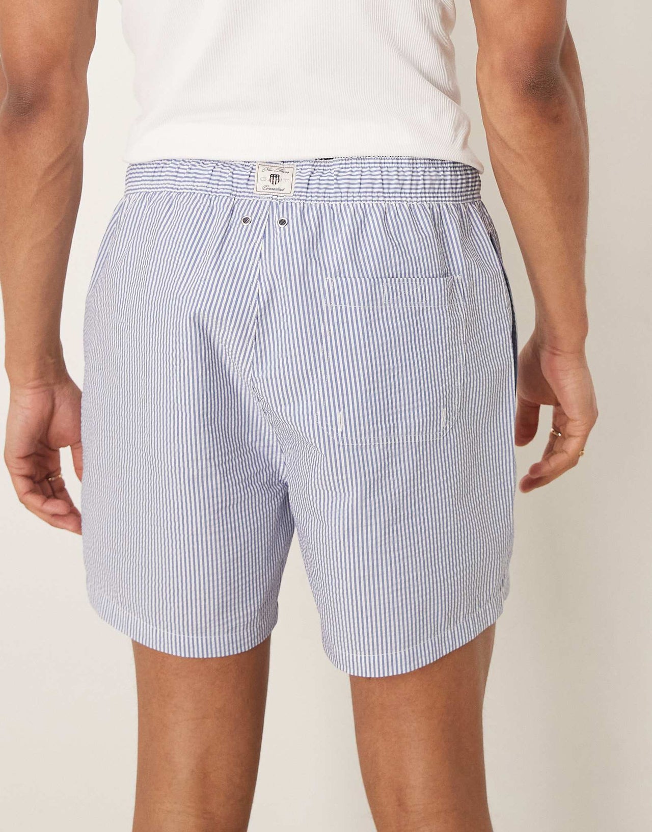 GANT shield logo seersucker swim shorts in blue stripe