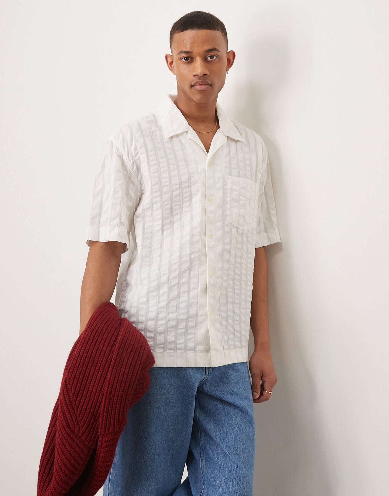 GANT resort revere collar short sleeve tonal seersucker stripe shirt in off white