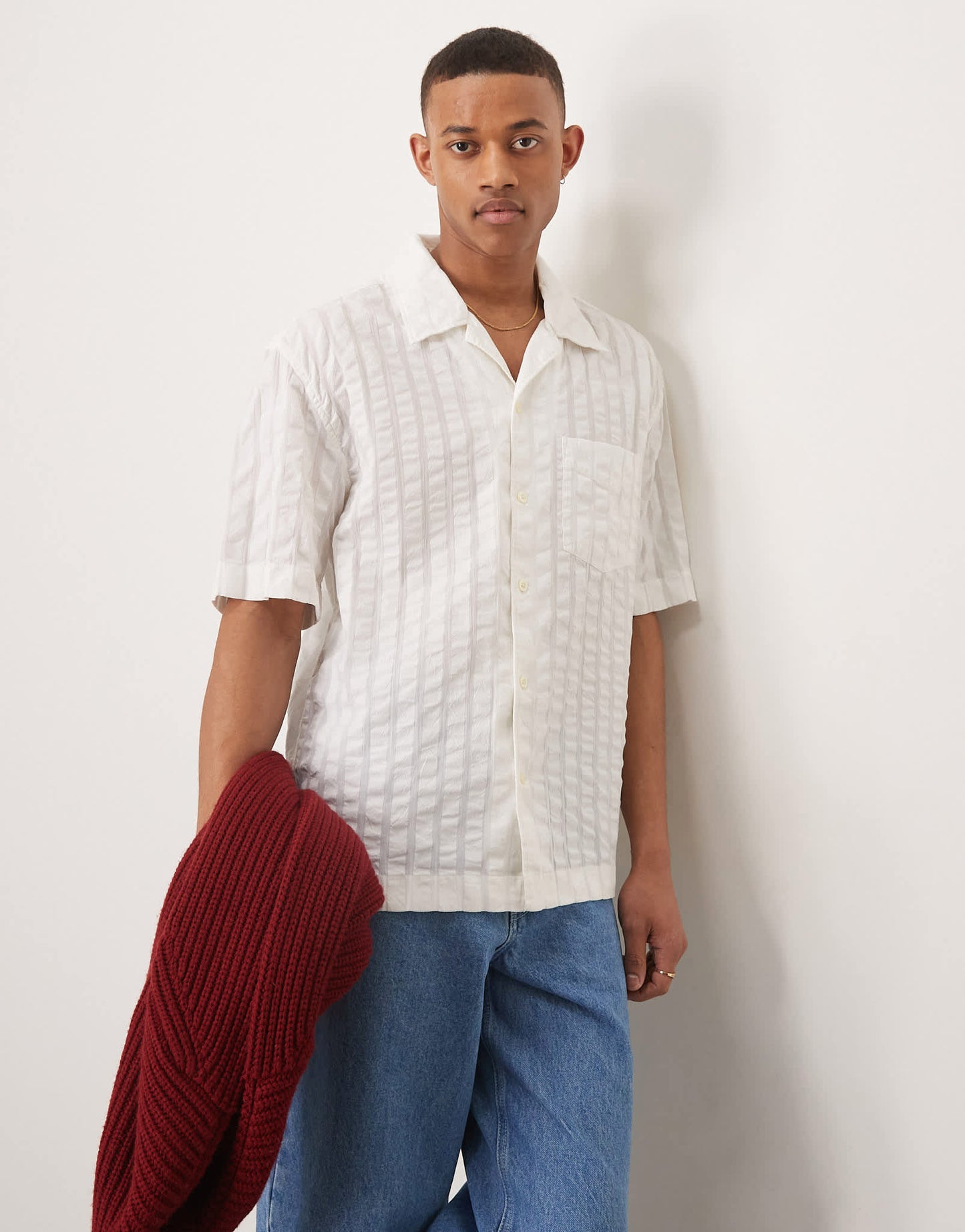 GANT resort revere collar short sleeve tonal seersucker stripe shirt in off white