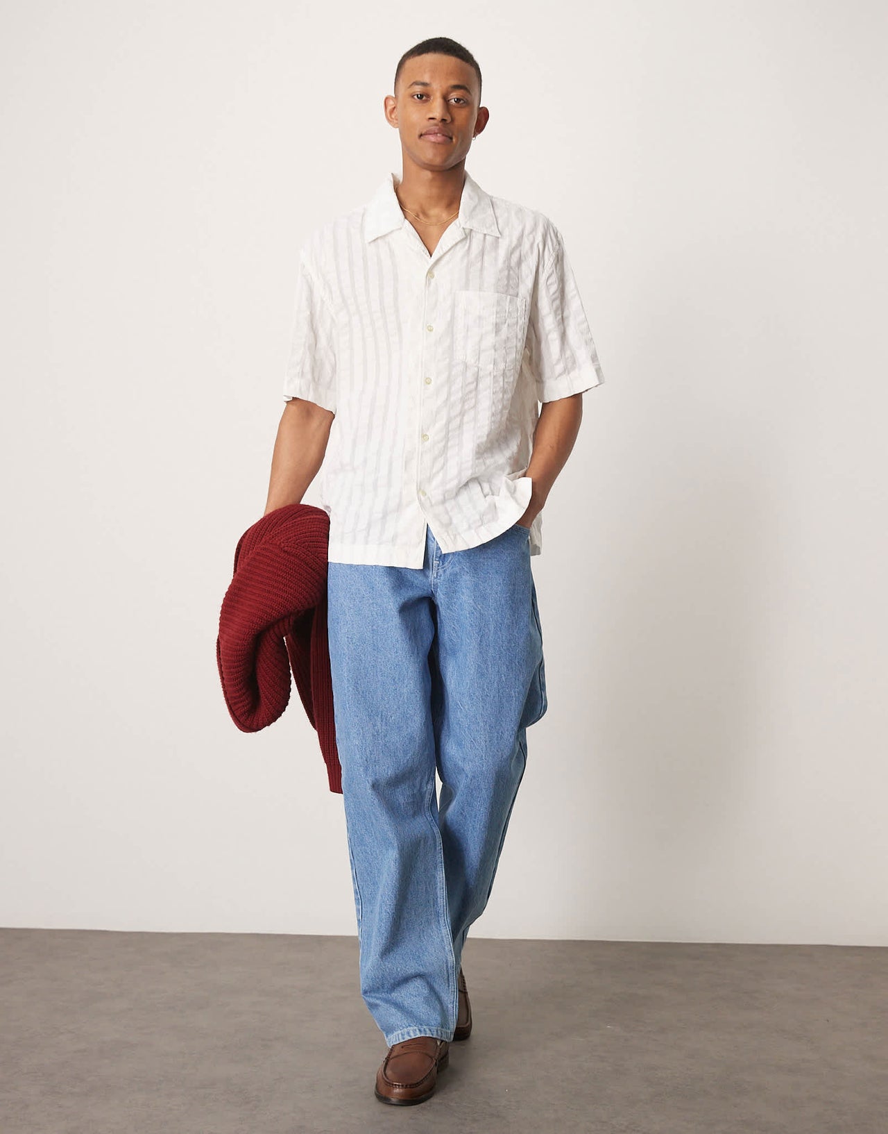 GANT resort revere collar short sleeve tonal seersucker stripe shirt in off white