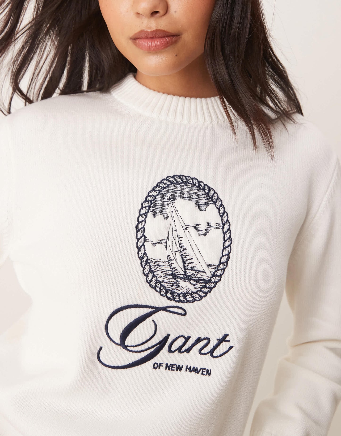 GANT crew neck jumper with central embroided logo in off white