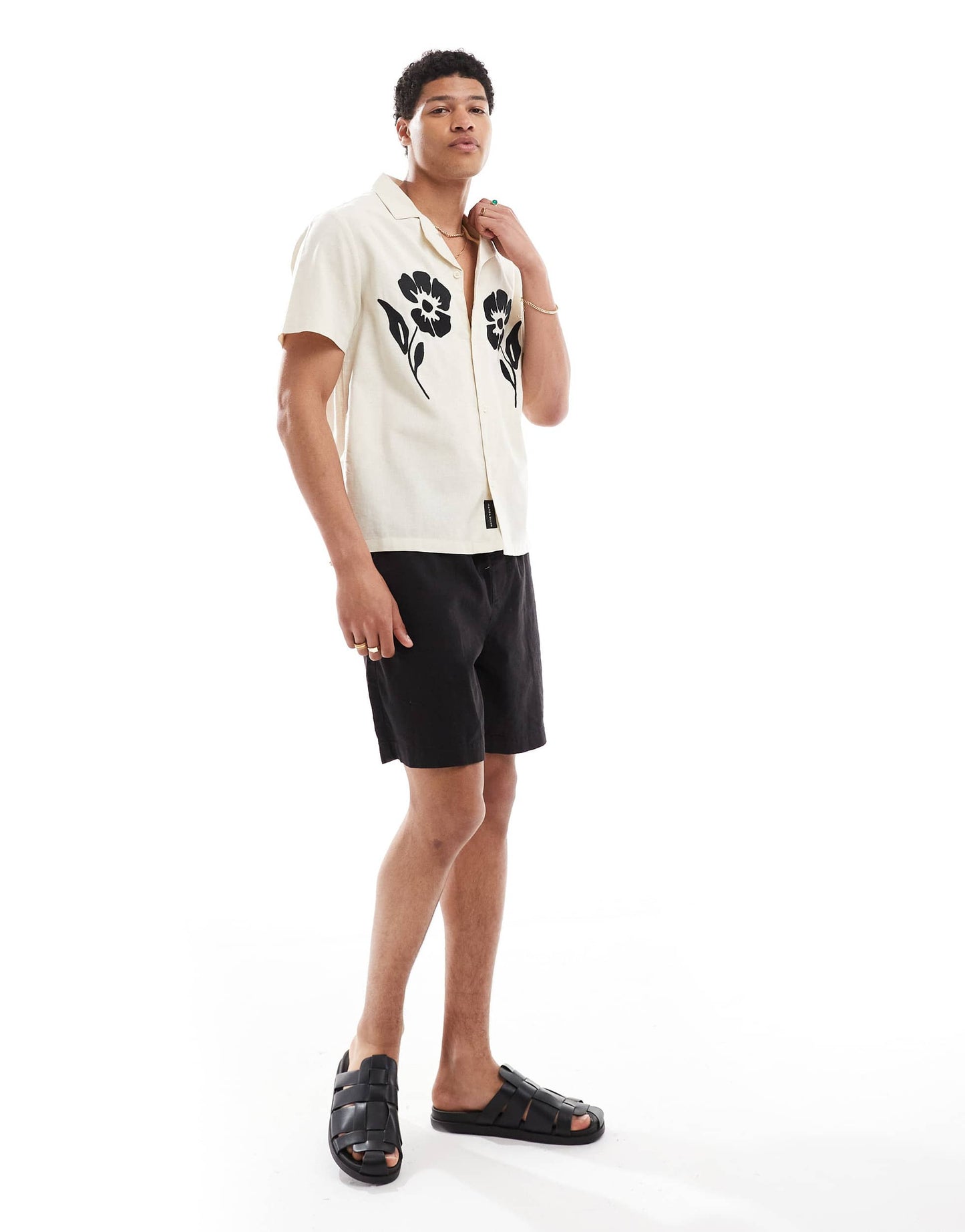 Native Youth revere collar embroidered shirt in natural