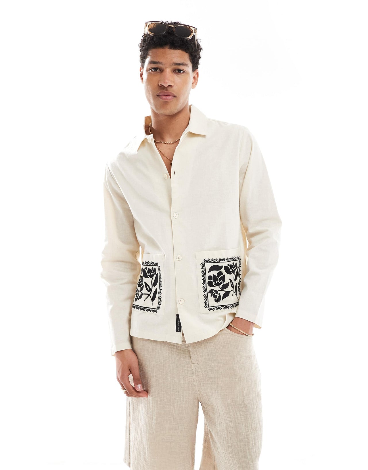 Native Youth embroidered collar overshirt in natural