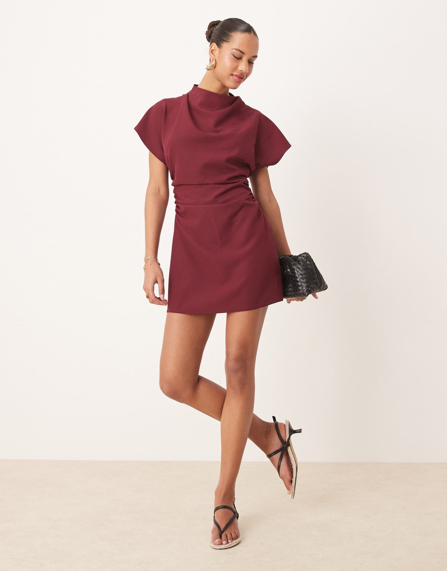 ASOS DESIGN grown on sleeve high neck mini dress with open back detail in burgundy