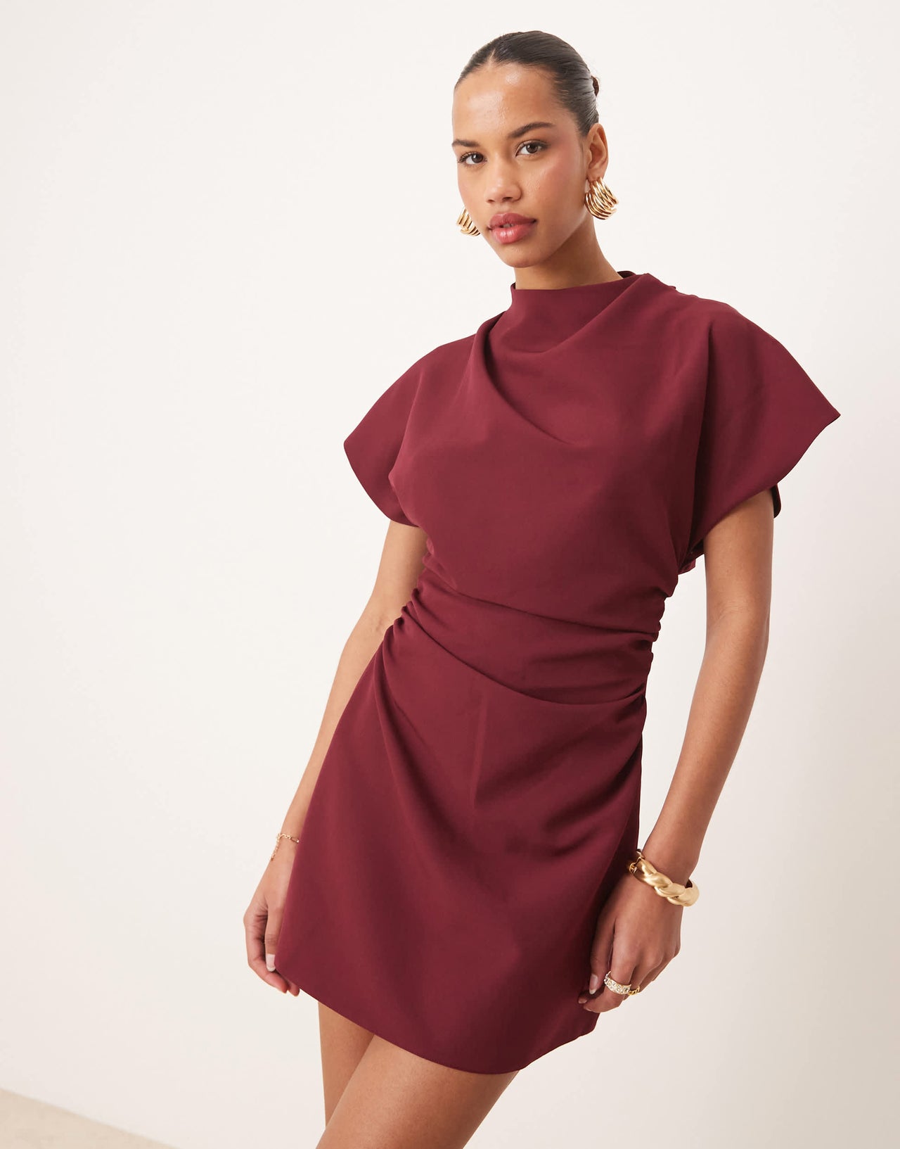 ASOS DESIGN grown on sleeve high neck mini dress with open back detail in burgundy
