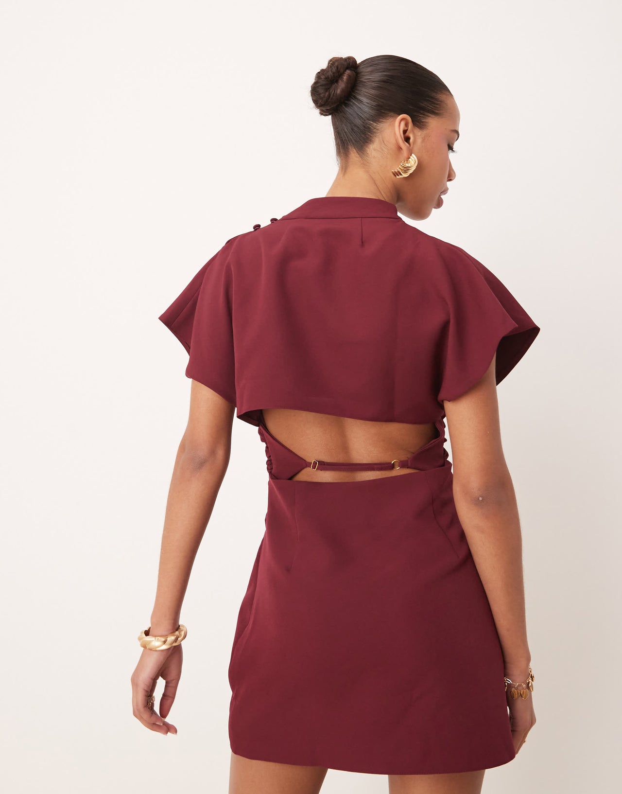 ASOS DESIGN grown on sleeve high neck mini dress with open back detail in burgundy