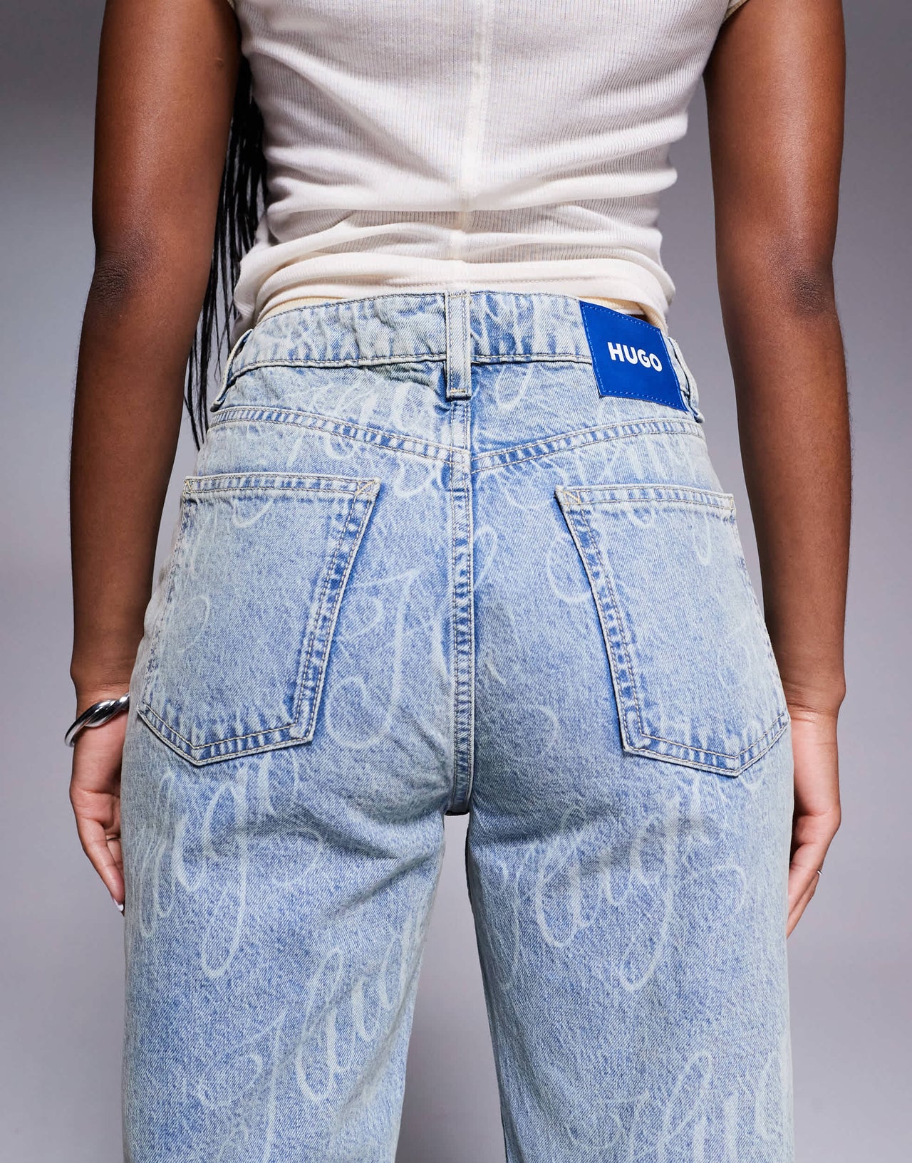 Hugo Blue logo printed straight fit jeans in blue