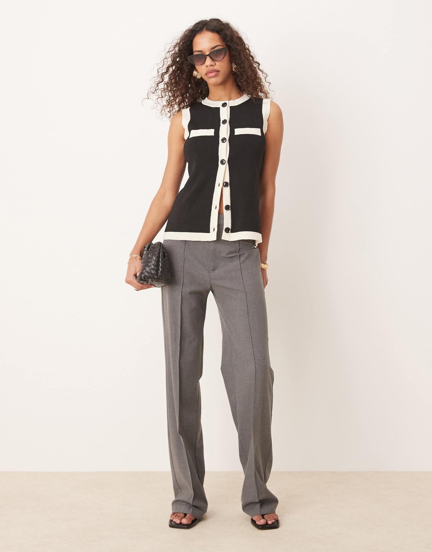 Pretty Lavish contrast knit waistcoat in black & cream