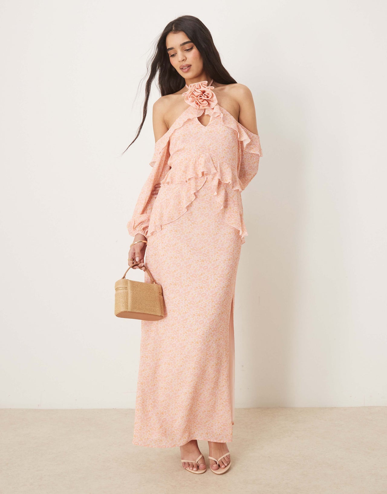 Pretty Lavish chiffon corsage ruffle maxi dress in pink ditsy floral