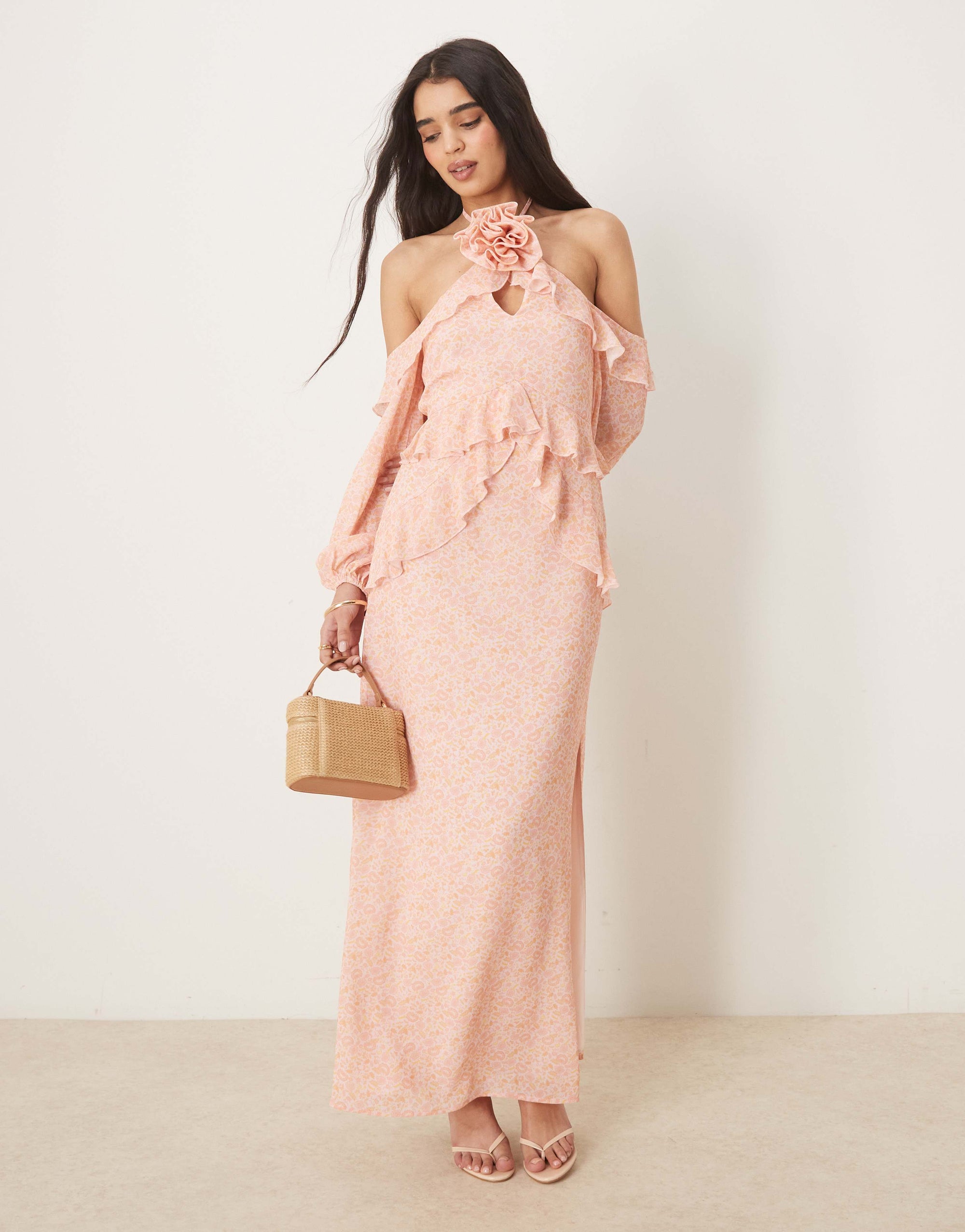 Pretty Lavish chiffon corsage ruffle maxi dress in pink ditsy floral