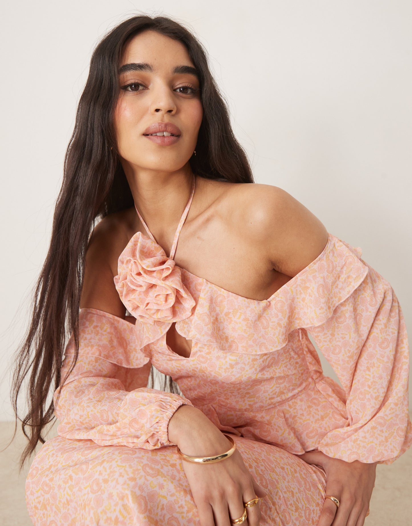 Pretty Lavish chiffon corsage ruffle maxi dress in pink ditsy floral