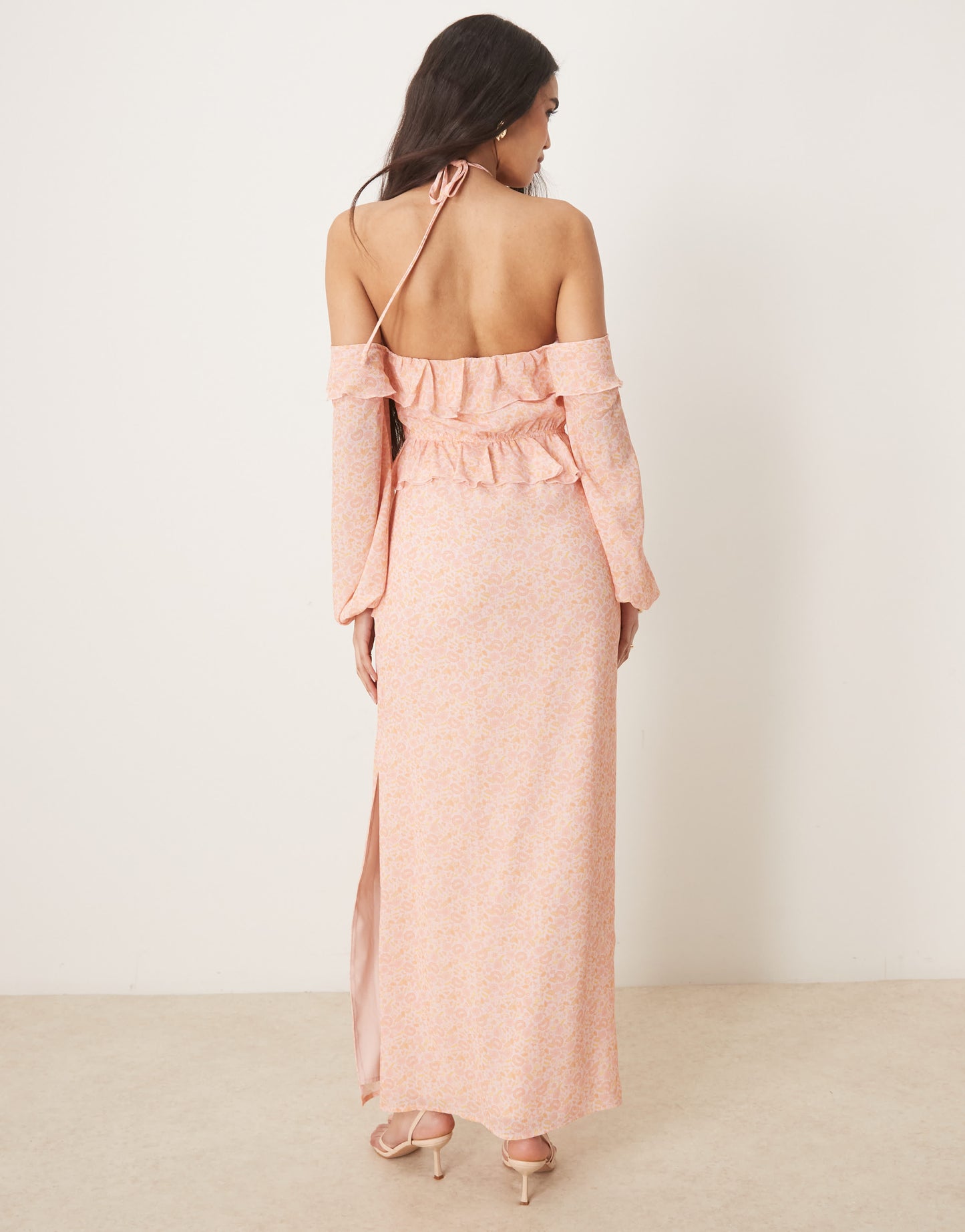 Pretty Lavish chiffon corsage ruffle maxi dress in pink ditsy floral
