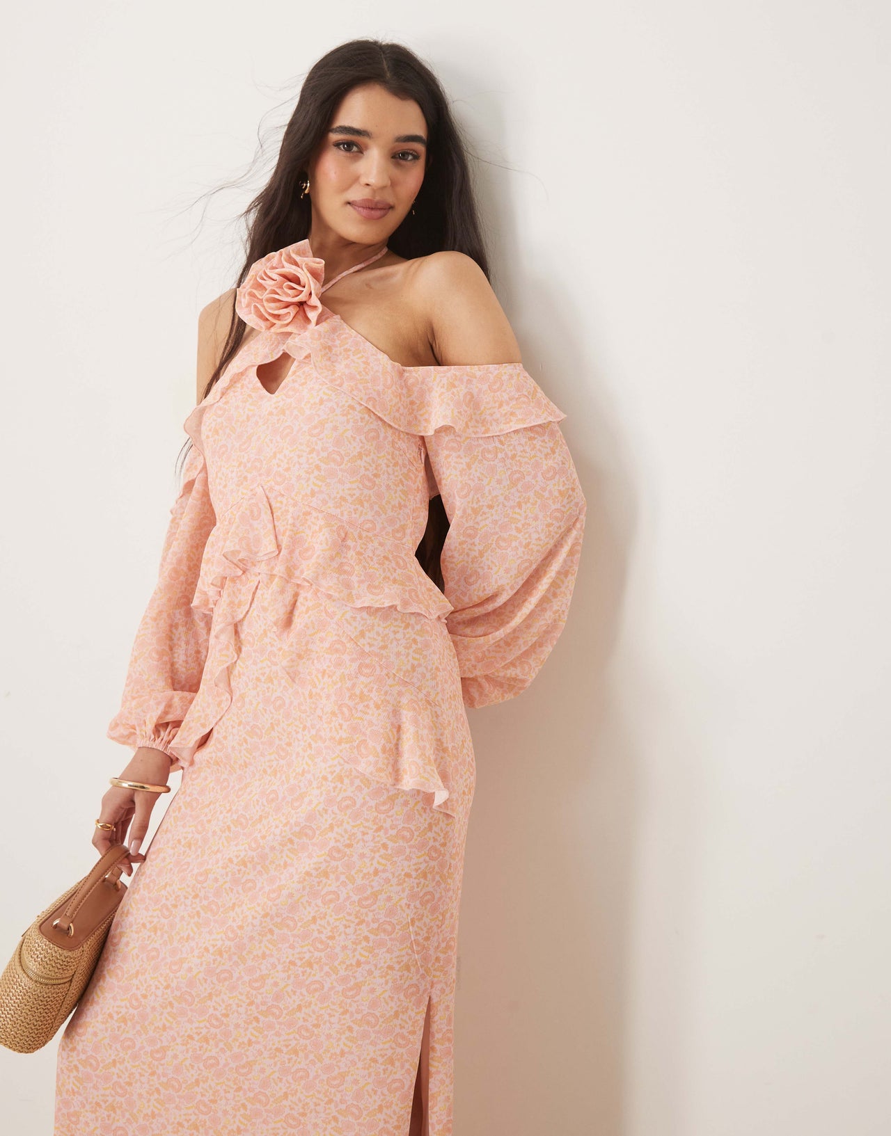 Pretty Lavish chiffon corsage ruffle maxi dress in pink ditsy floral
