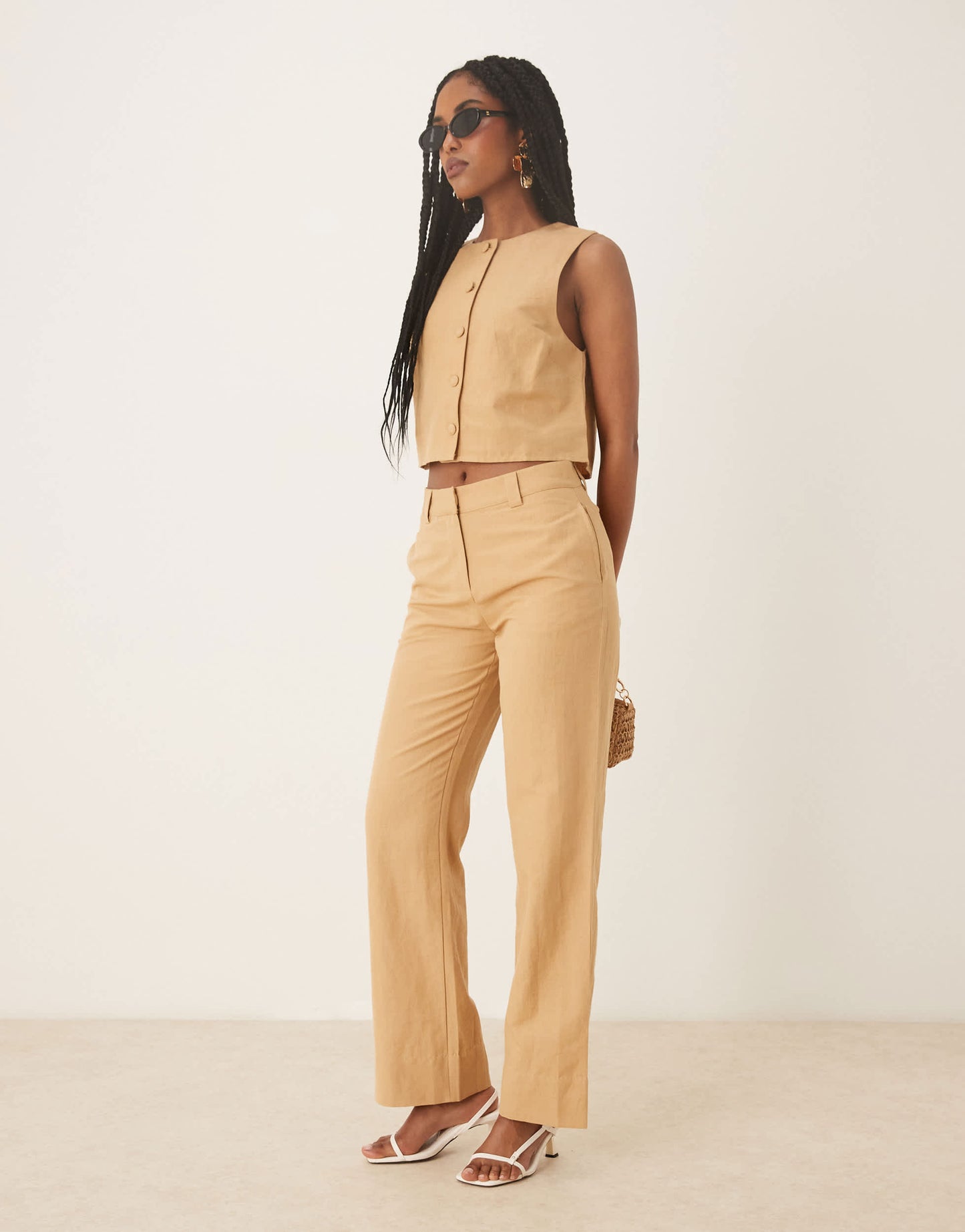 Pretty Lavish cropped linen button top co-ord in camel