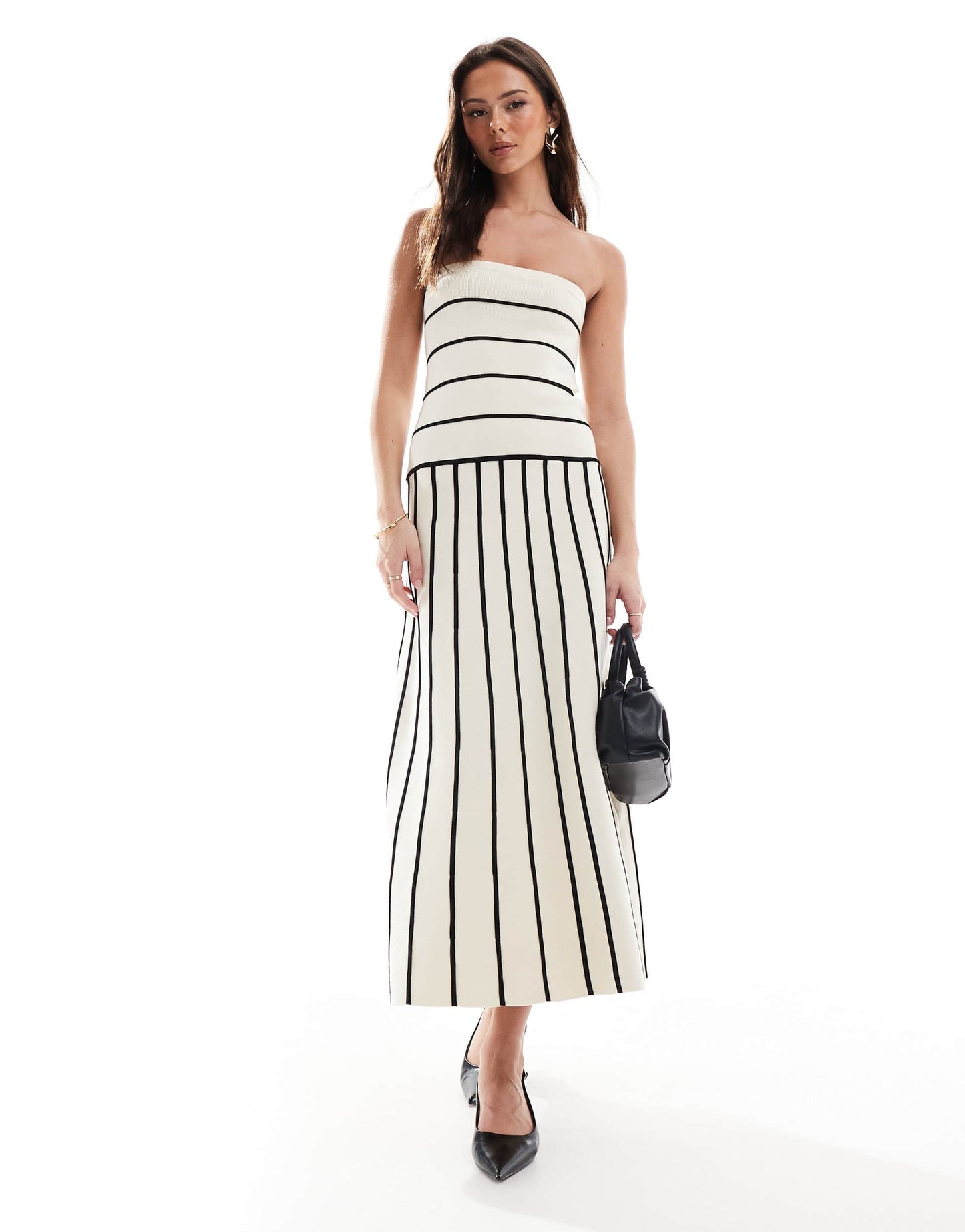Pretty Lavish bandeau contrast stripe knit midaxi dress in black and cream