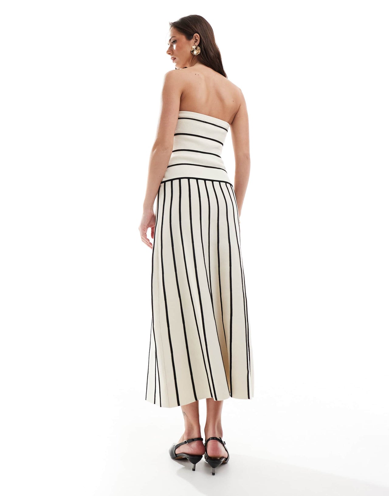 Pretty Lavish bandeau contrast stripe knit midaxi dress in black and cream
