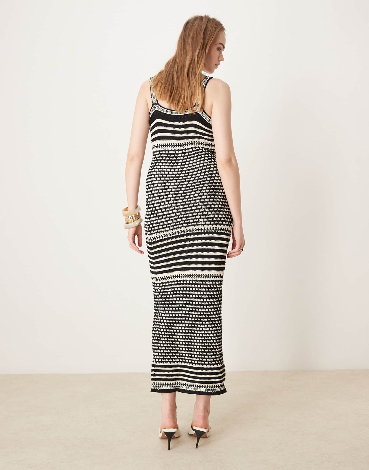 Pretty Lavish crochet knit maxi dress in black and cream