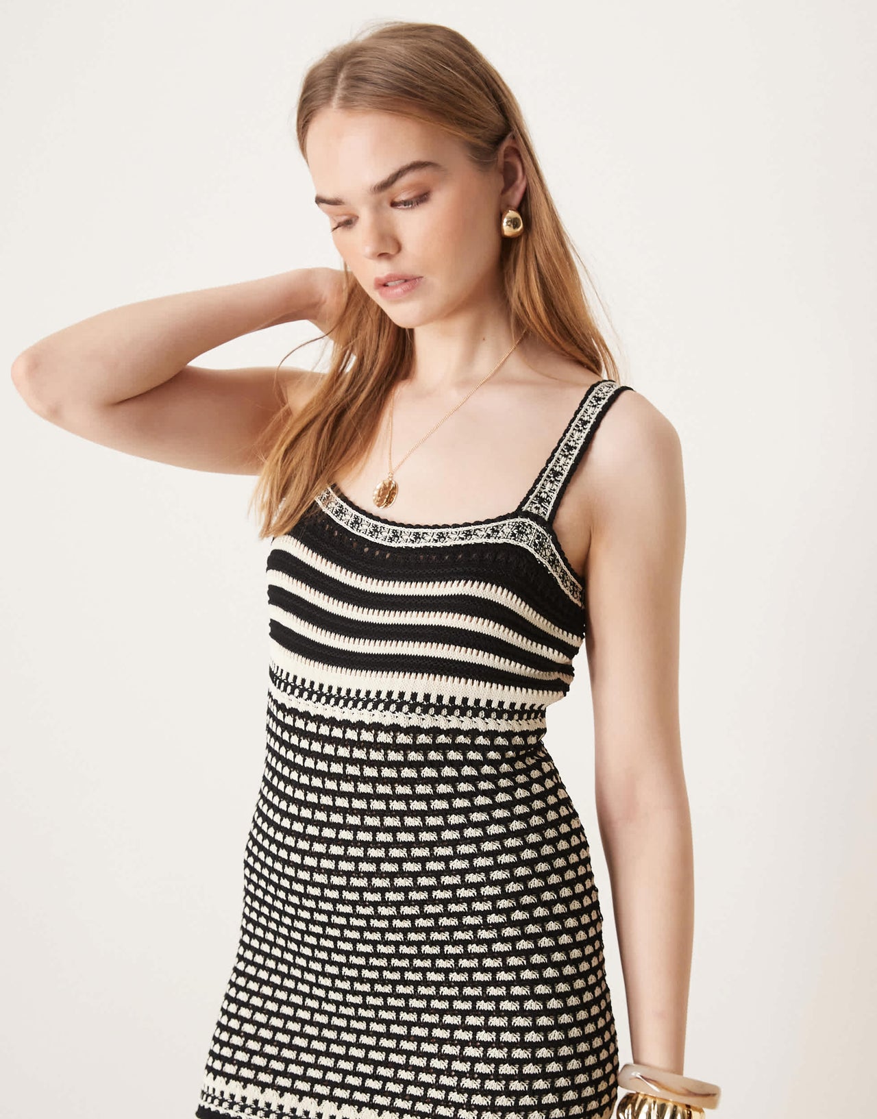 Pretty Lavish crochet knit maxi dress in black and cream