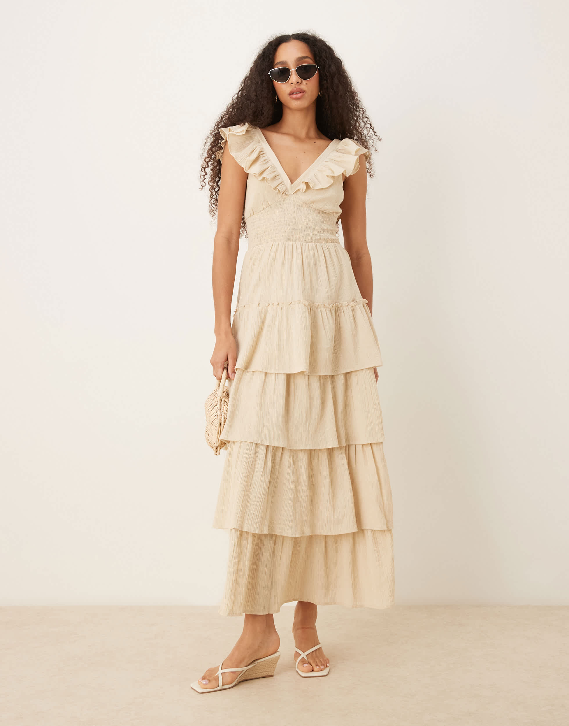 Pretty Lavish shirred ruffle maxi dress in sand