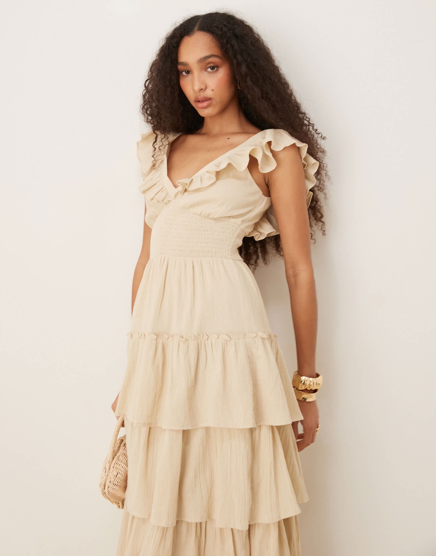 Pretty Lavish shirred ruffle maxi dress in sand