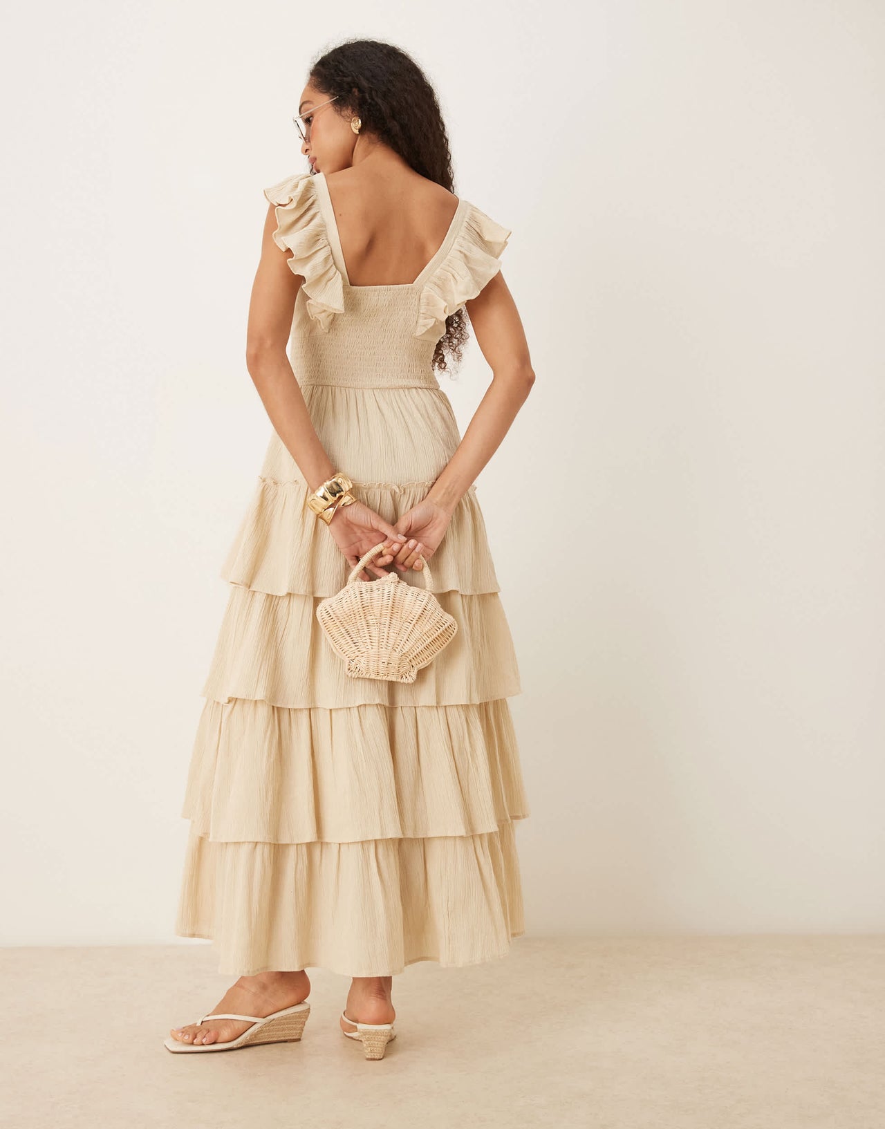 Pretty Lavish shirred ruffle maxi dress in sand