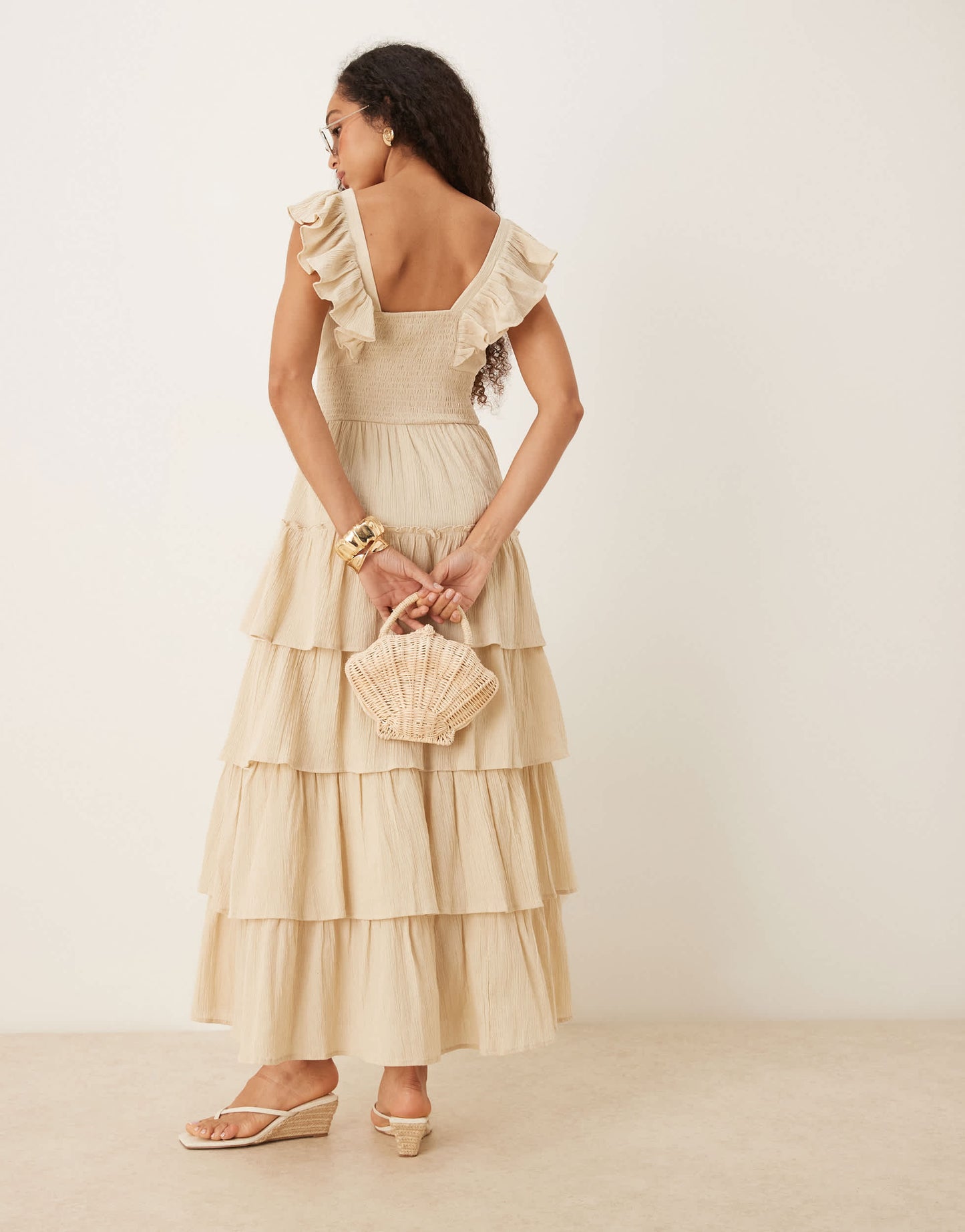 Pretty Lavish shirred ruffle maxi dress in sand