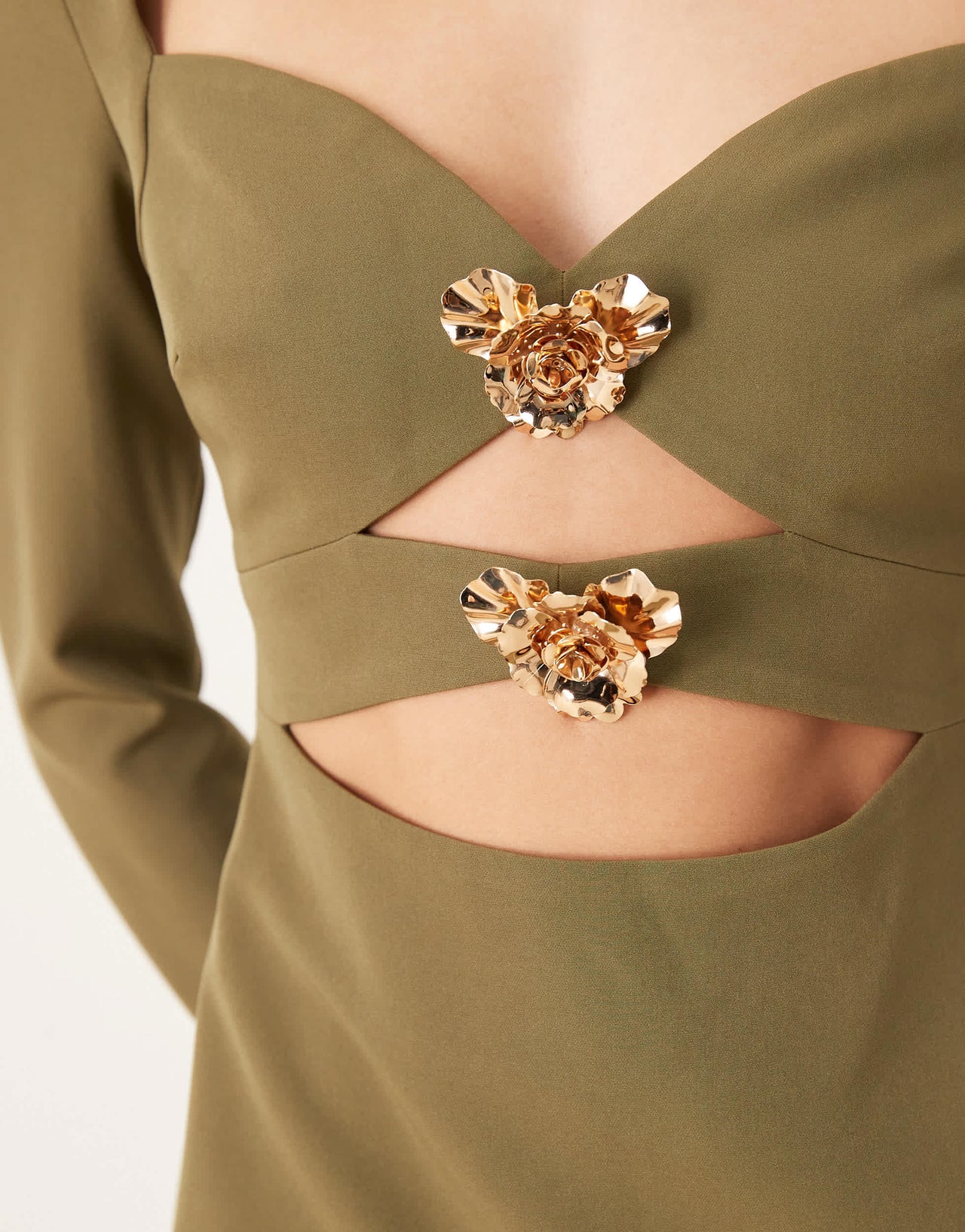 Pretty Lavish removable gold trim crepe maxi dress in olive