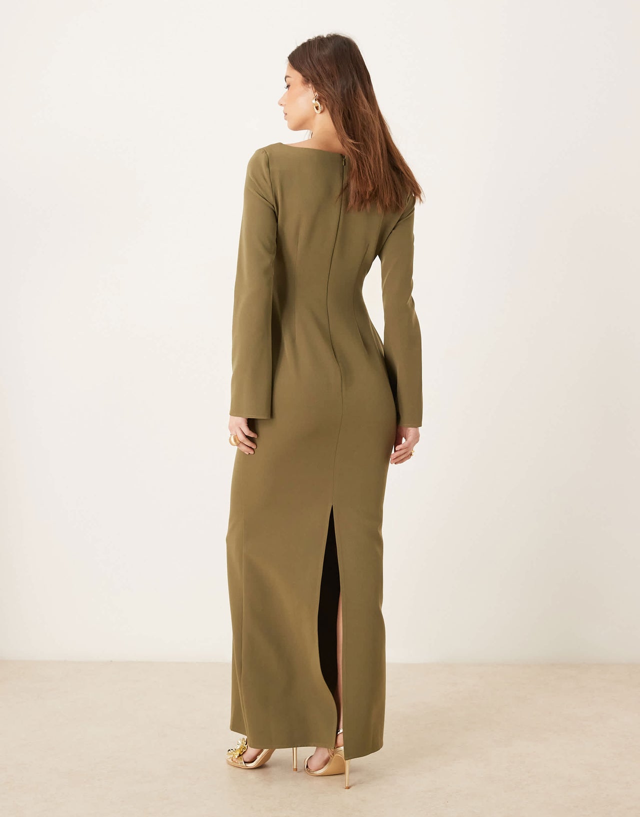Pretty Lavish removable gold trim crepe maxi dress in olive