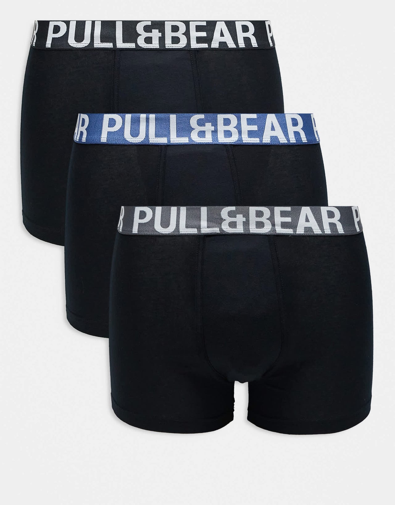 Pull&Bear 3 pack boxers with contrast coloured waistband in black, blue and grey