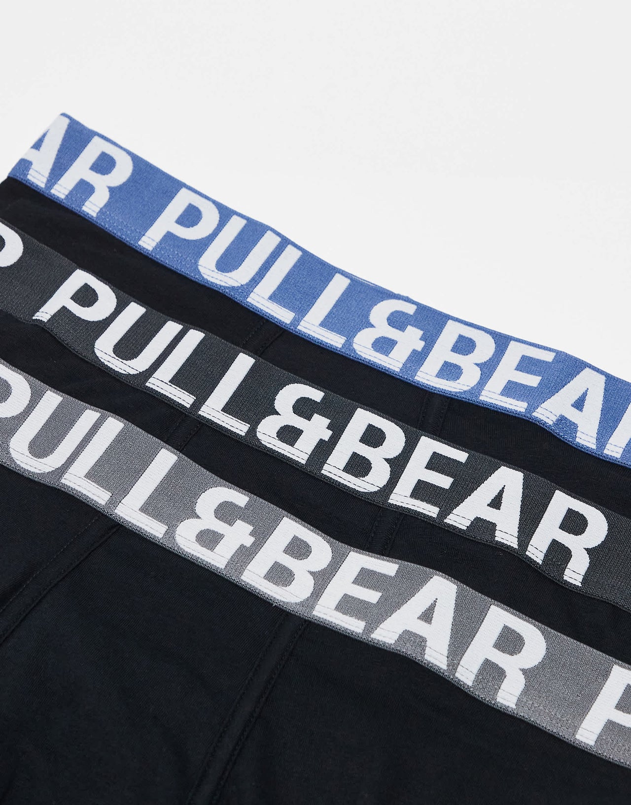 Pull&Bear 3 pack boxers with contrast coloured waistband in black, blue and grey