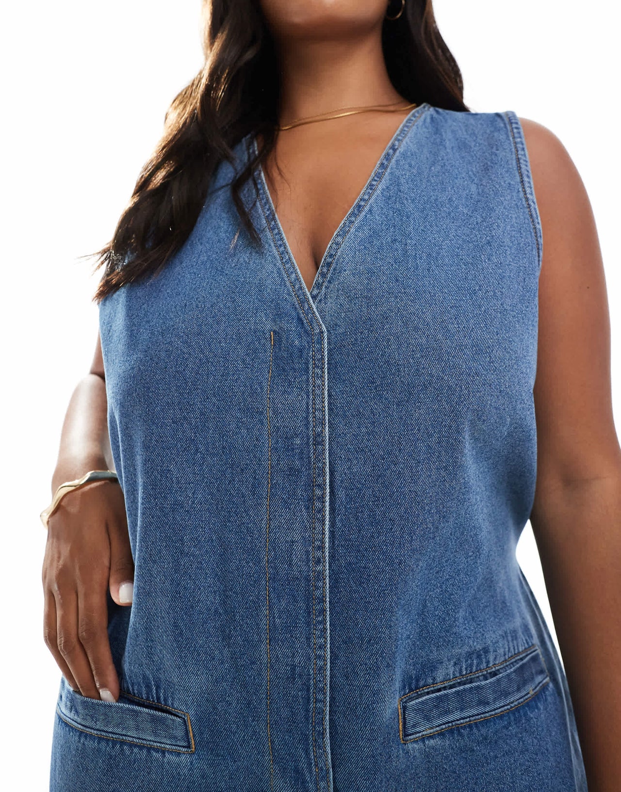ASOS DESIGN Curve denim sleeveless loose jumpsuit in midwash blue