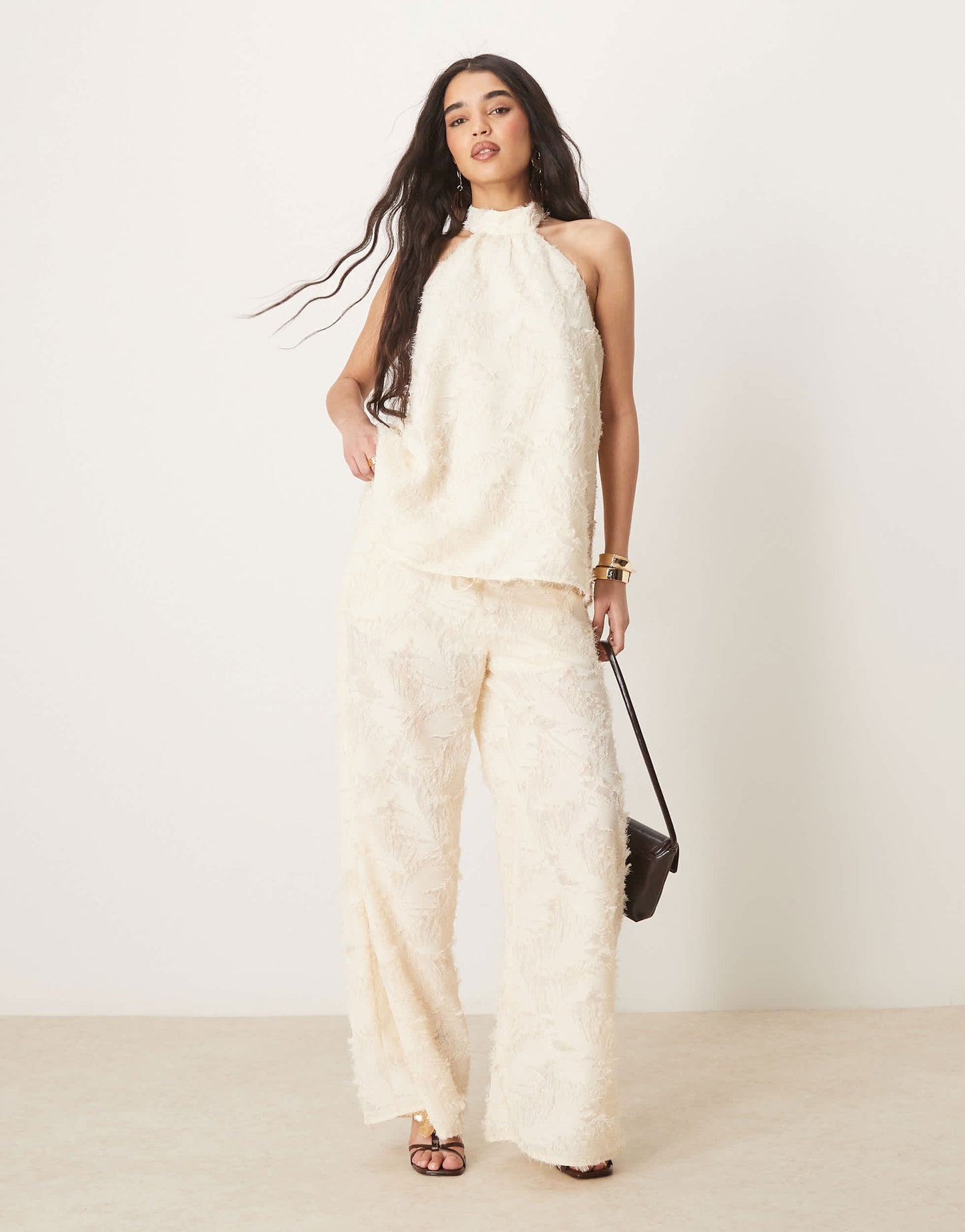 ASOS DESIGN tailored textured halter neck top co-ord in buttermilk