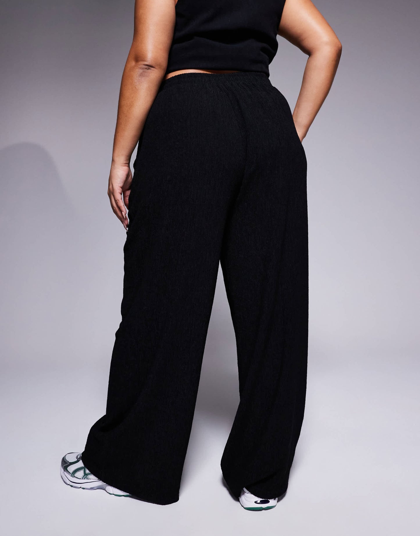ASOS DESIGN Curve textured wide leg trouser in black