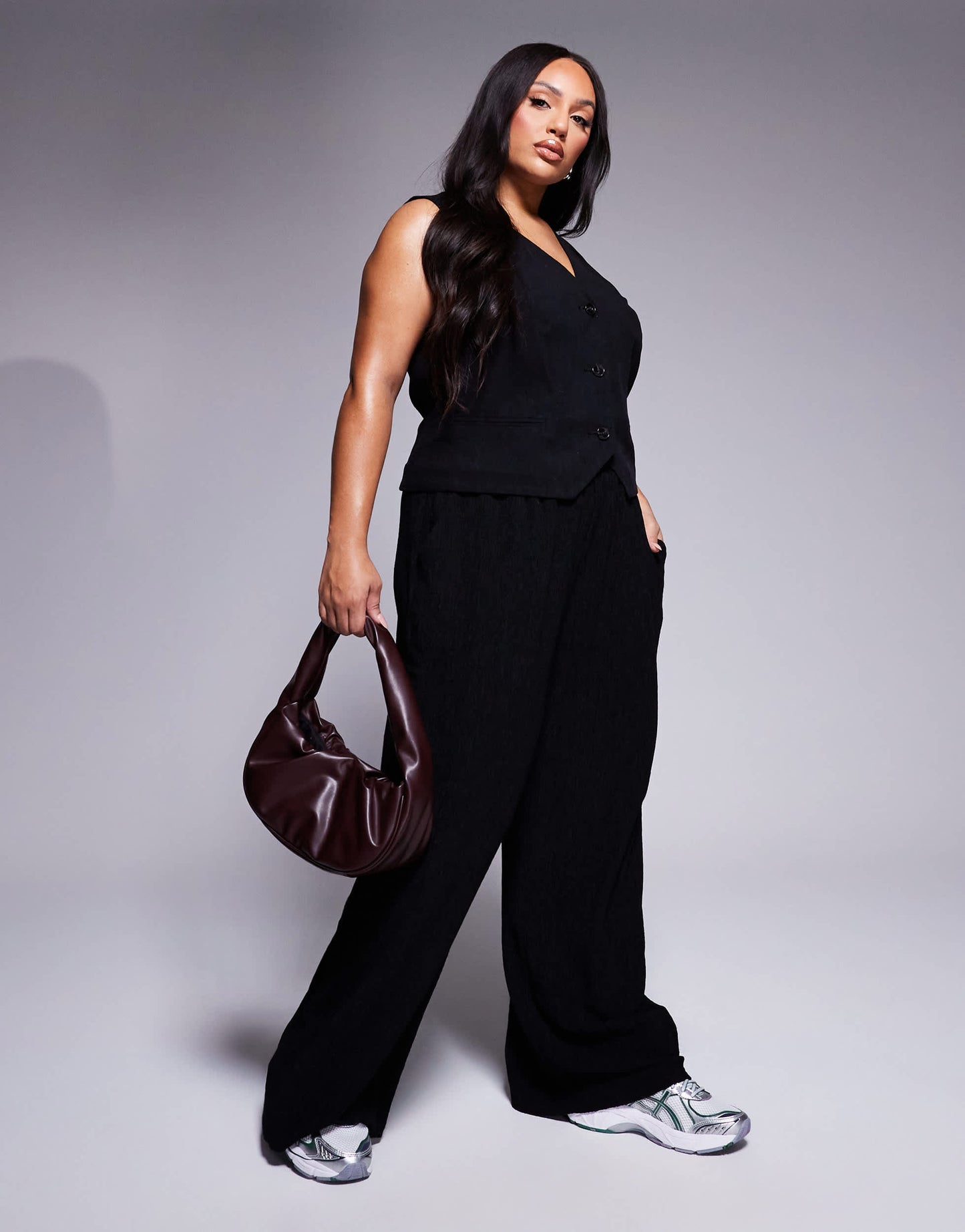 ASOS DESIGN Curve textured wide leg trouser in black