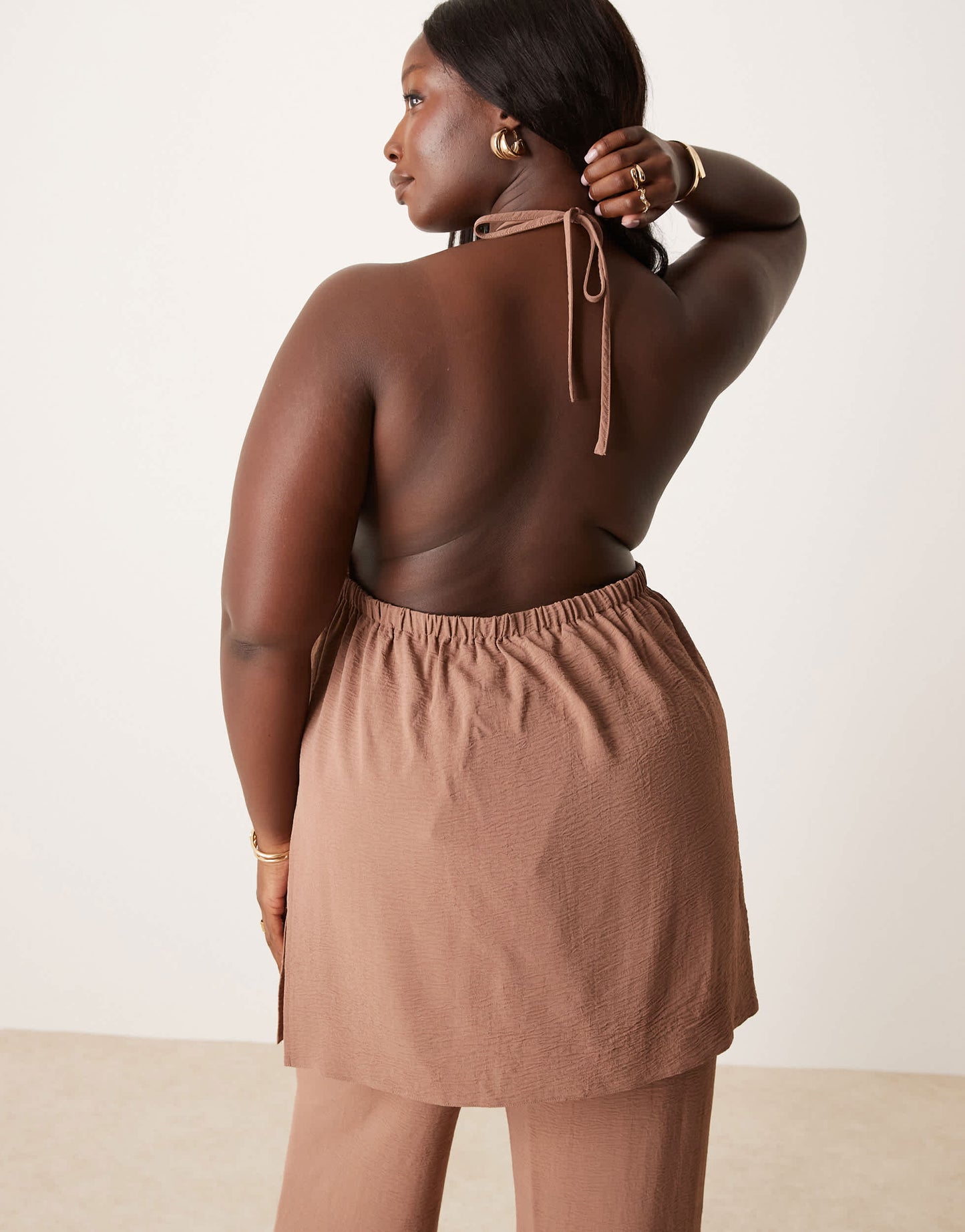 ASOS DESIGN Curve tailored floaty halter neck top co-ord in mocha