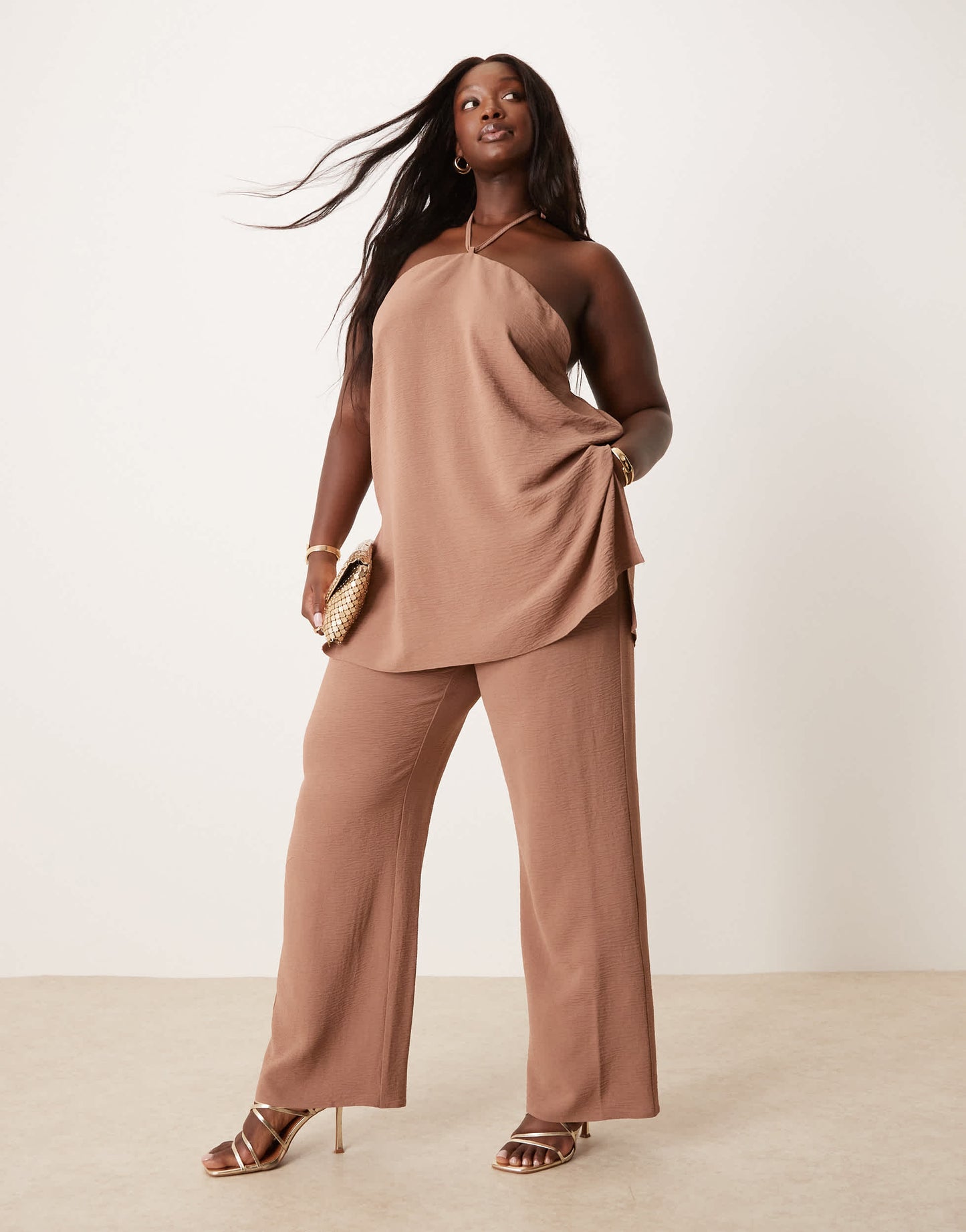 ASOS DESIGN Curve tailored floaty halter neck top co-ord in mocha