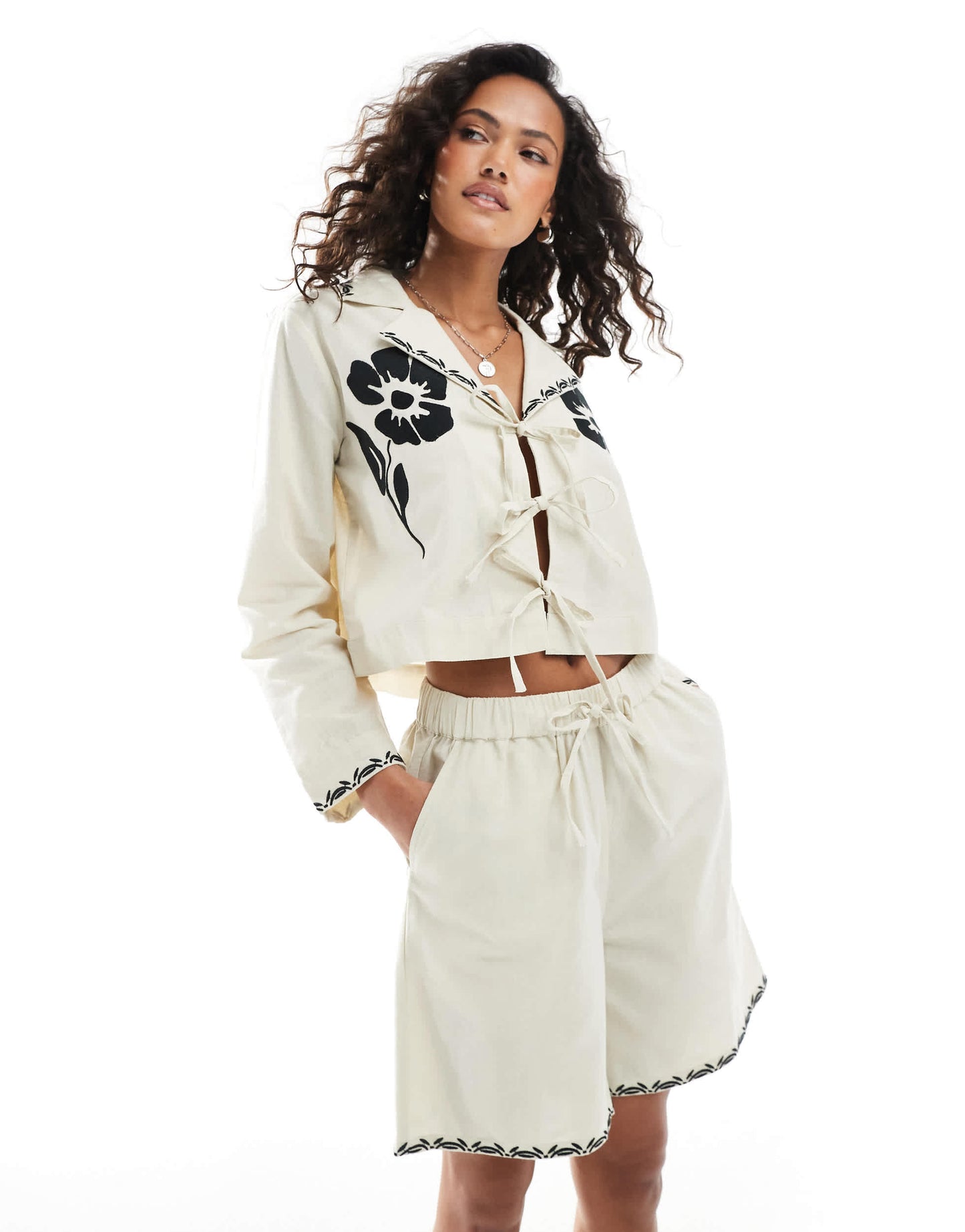 Native Youth embroidered edge linen short co-ord in stone