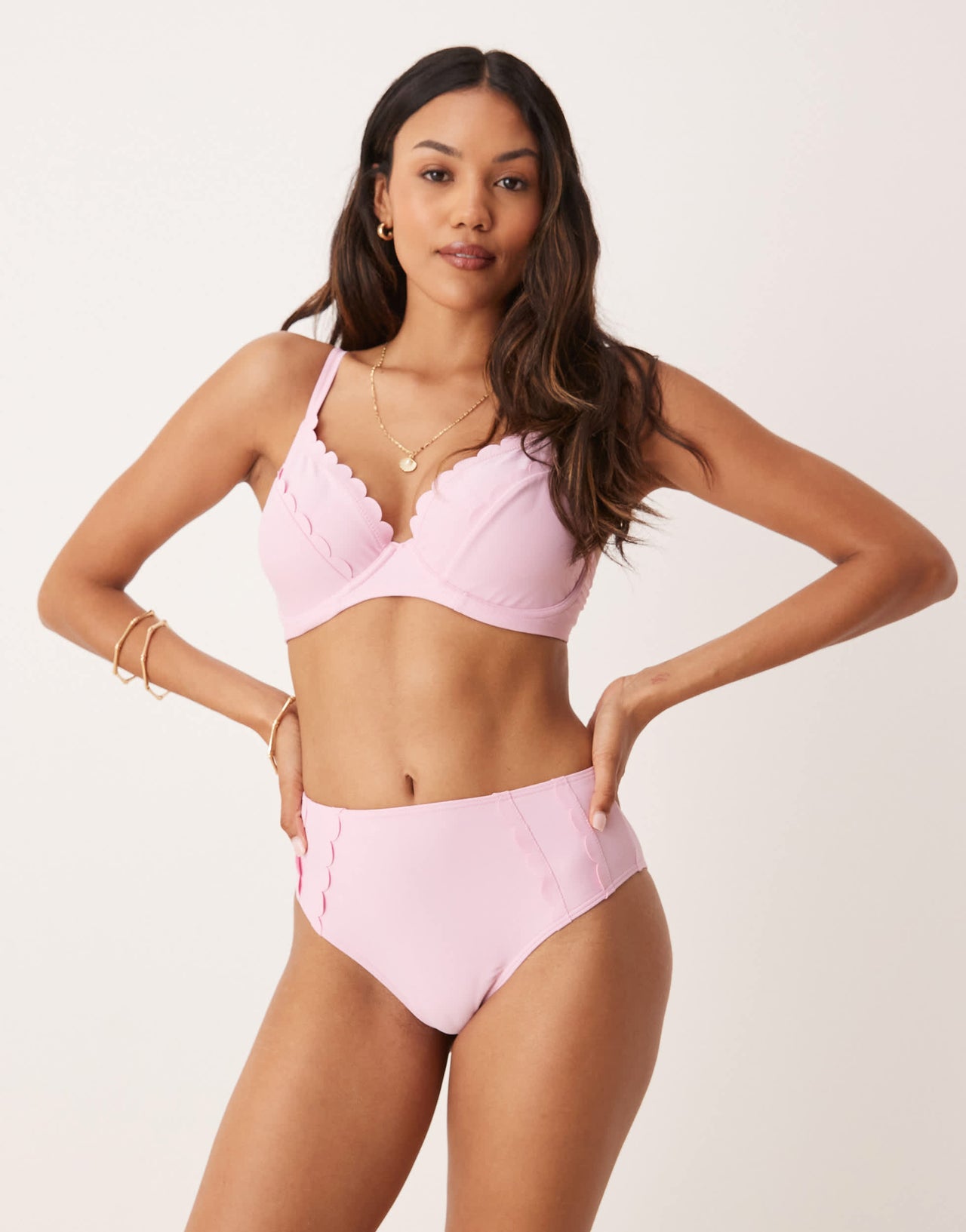Peek & Beau high waist bikini bottom with double scallop detail in baby pink
