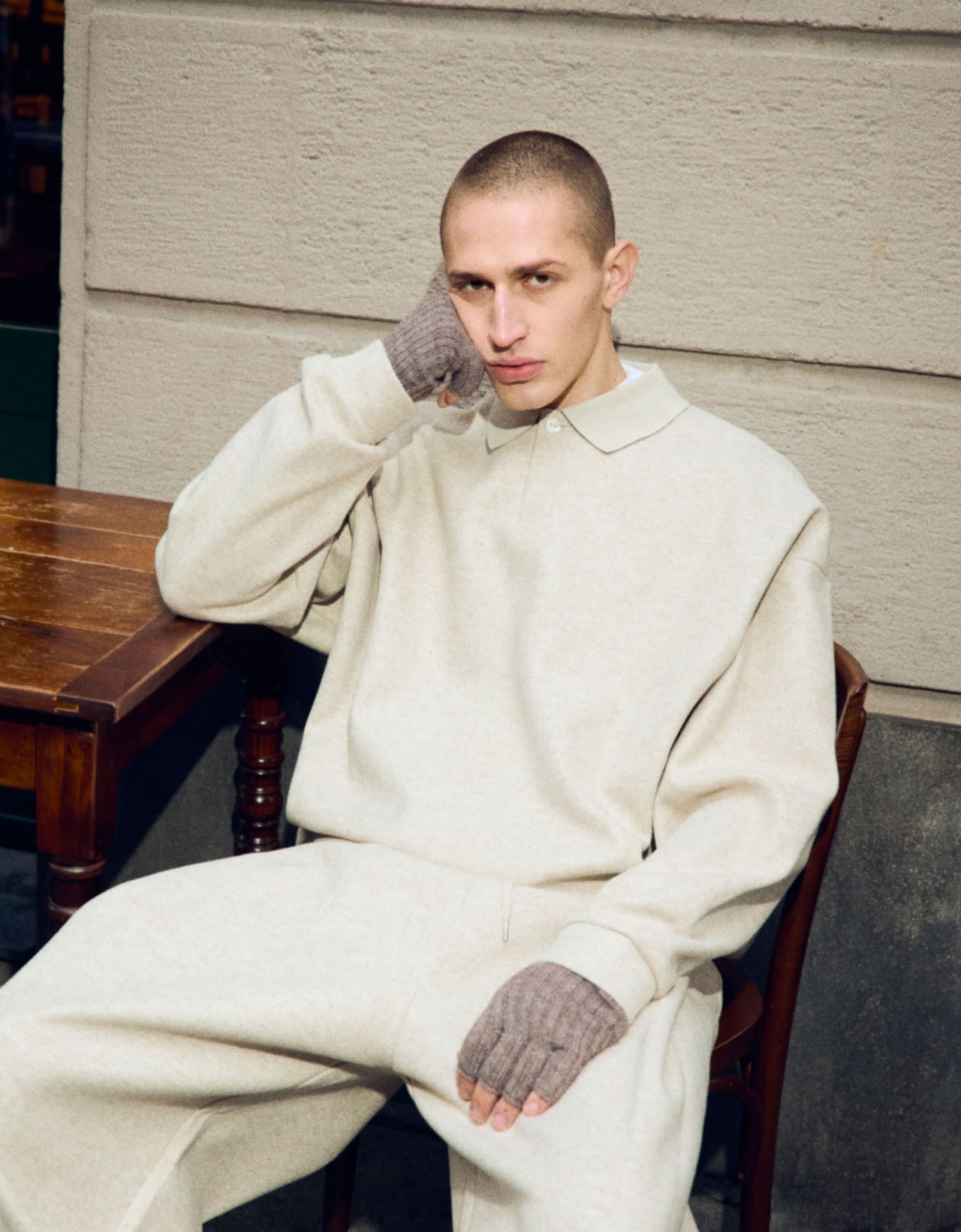 Bershka Collection knitted co-ord polo in sand
