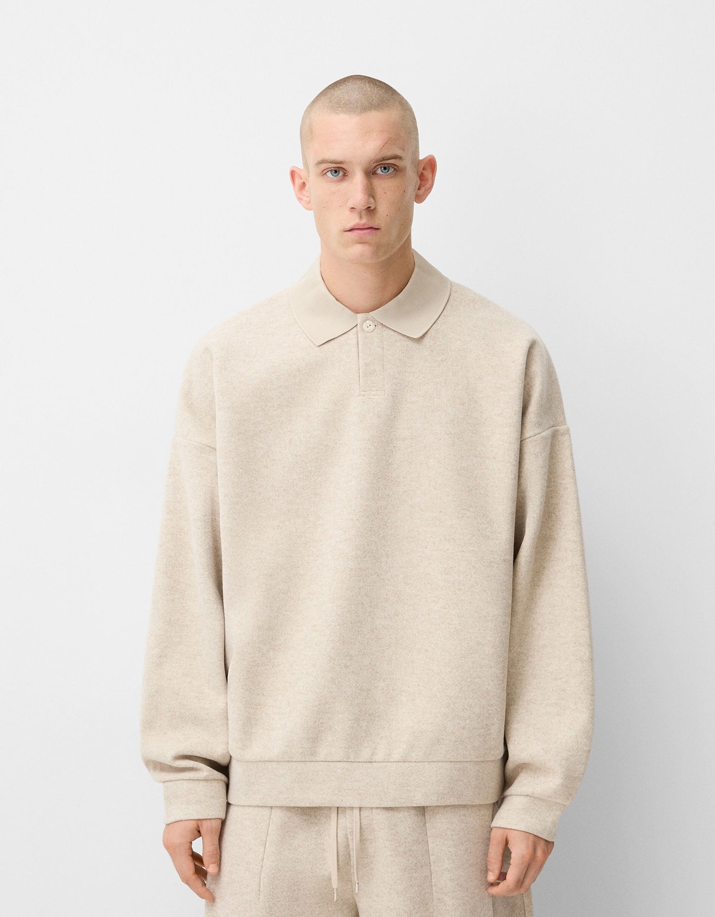 Bershka Collection knitted co-ord polo in sand