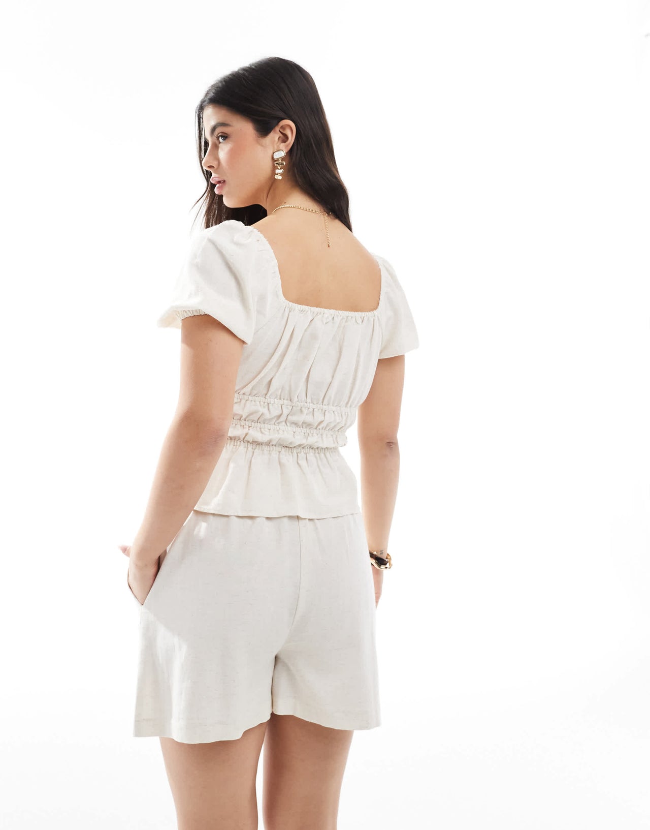 Brave Soul Co-ord elasticated waist shorts with linen in off white