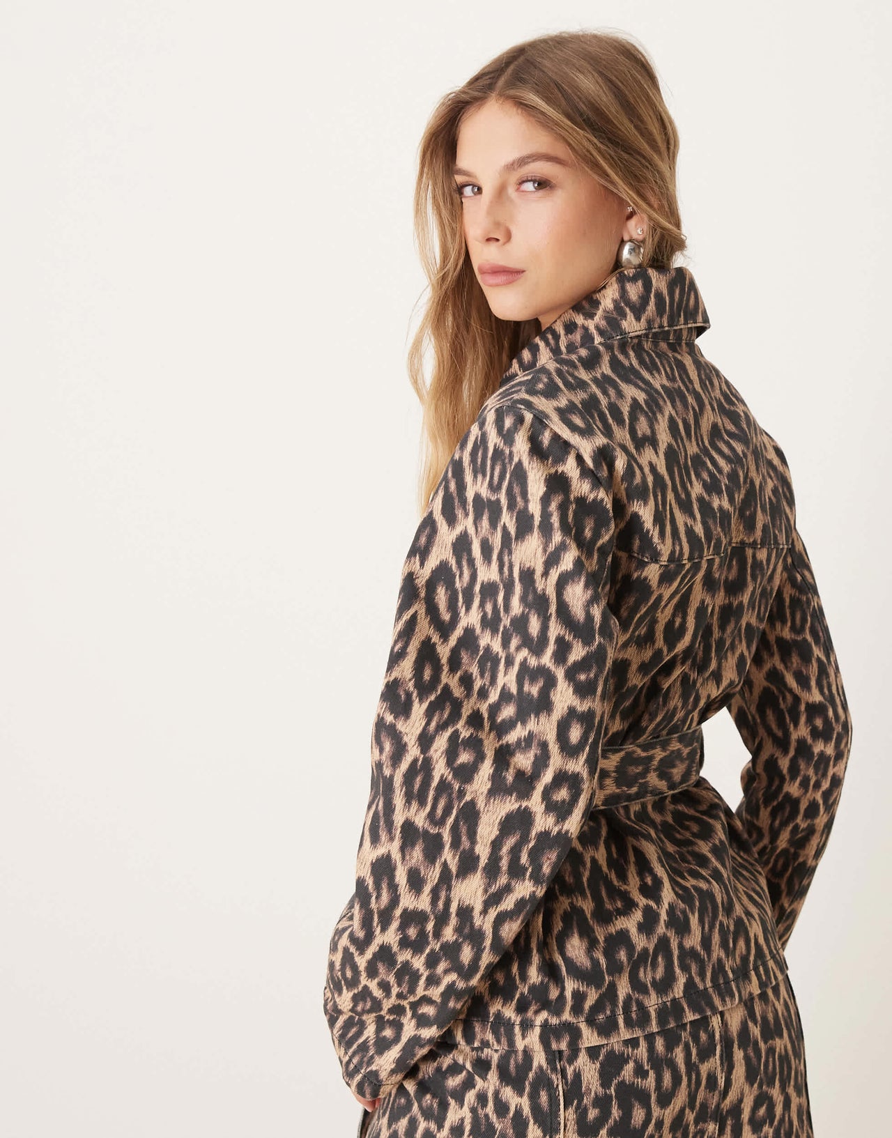 ASOS DESIGN tie waist denim jacket in dark leopard