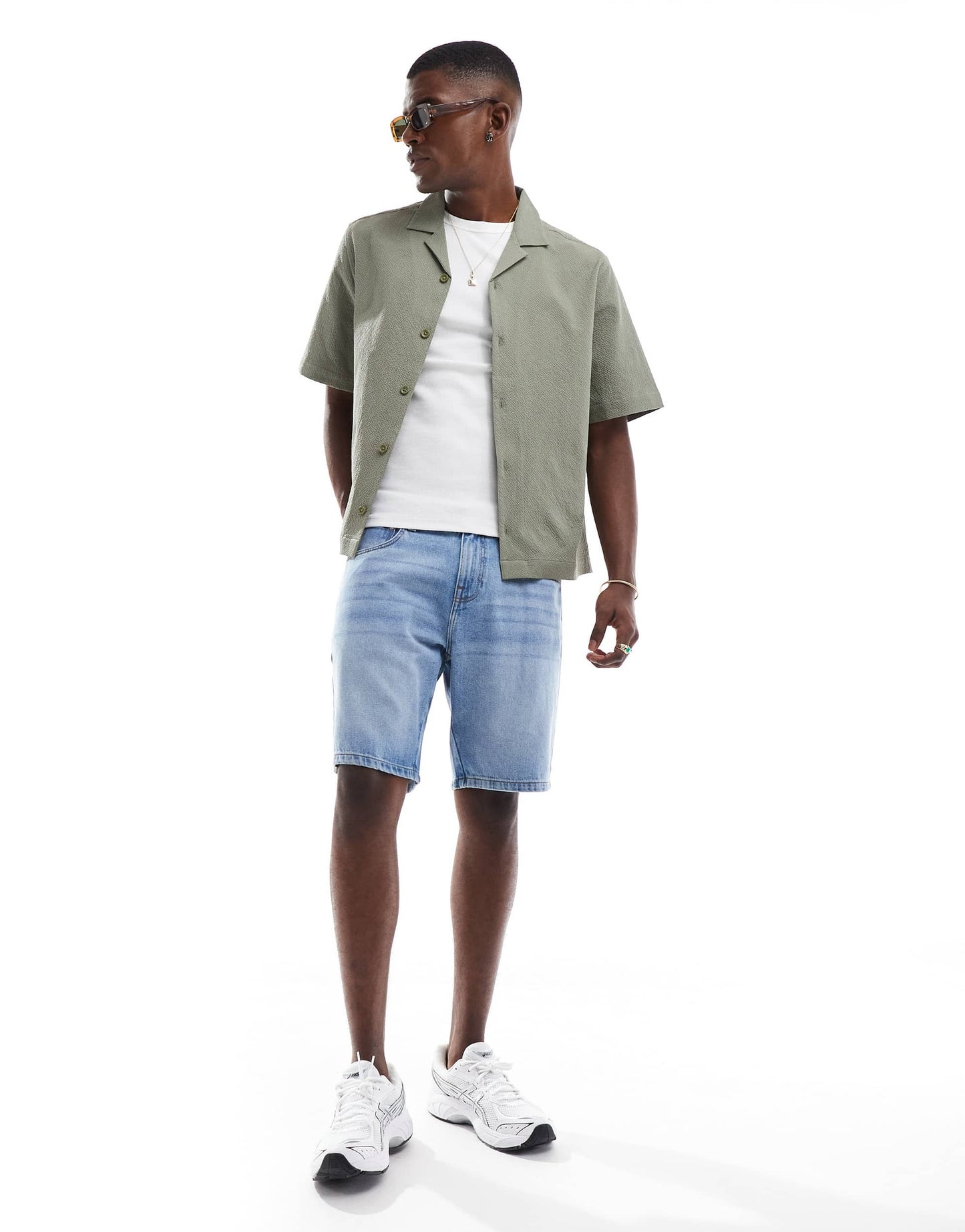 ASOS DESIGN boxy revere seersucker shirt in khaki