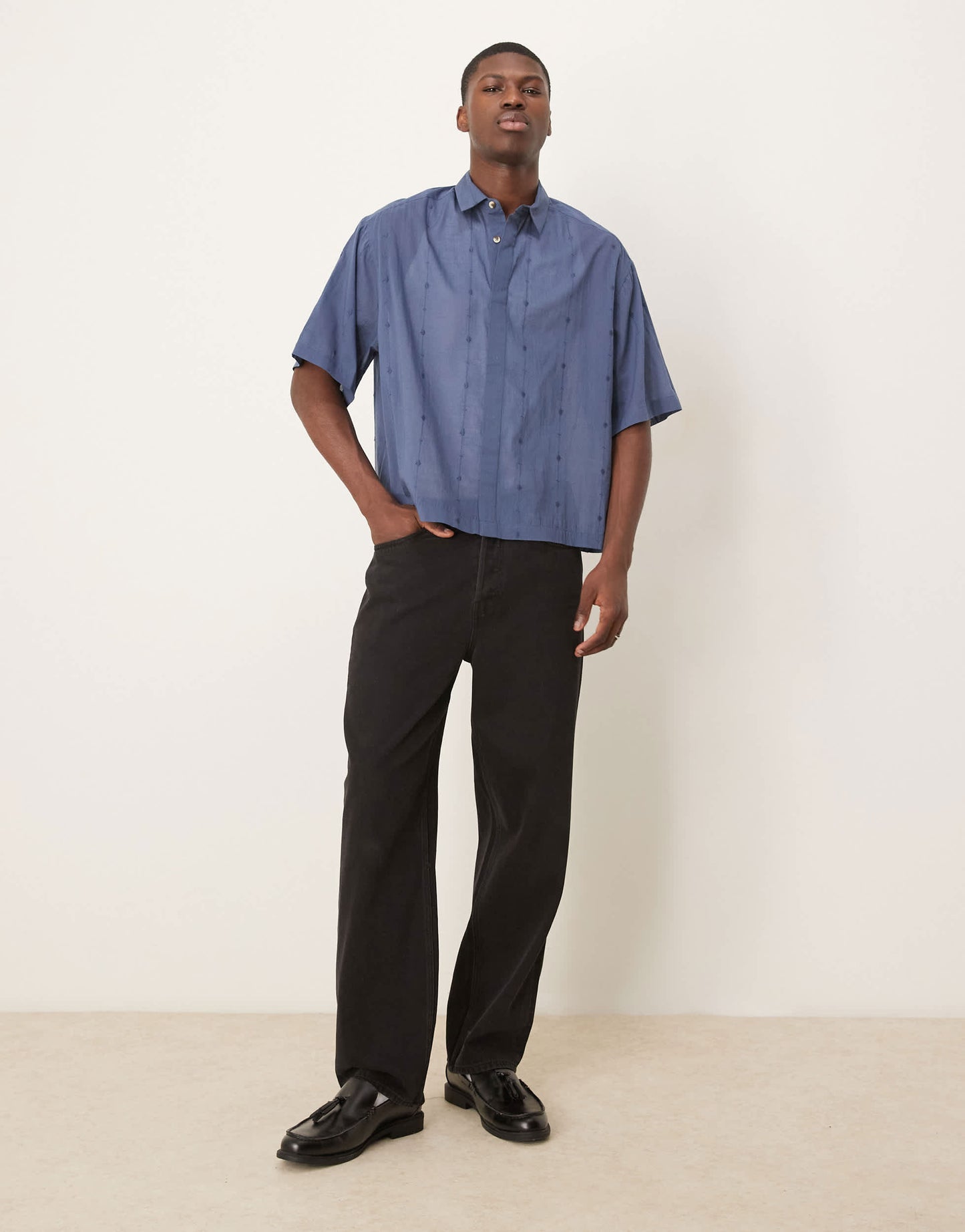 ASOS DESIGN boxy oversized shirt with embroidery in navy