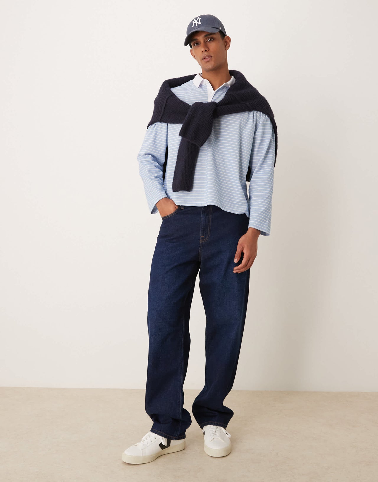 ASOS DESIGN oversized boxy long sleeve polo in blue and white stripe