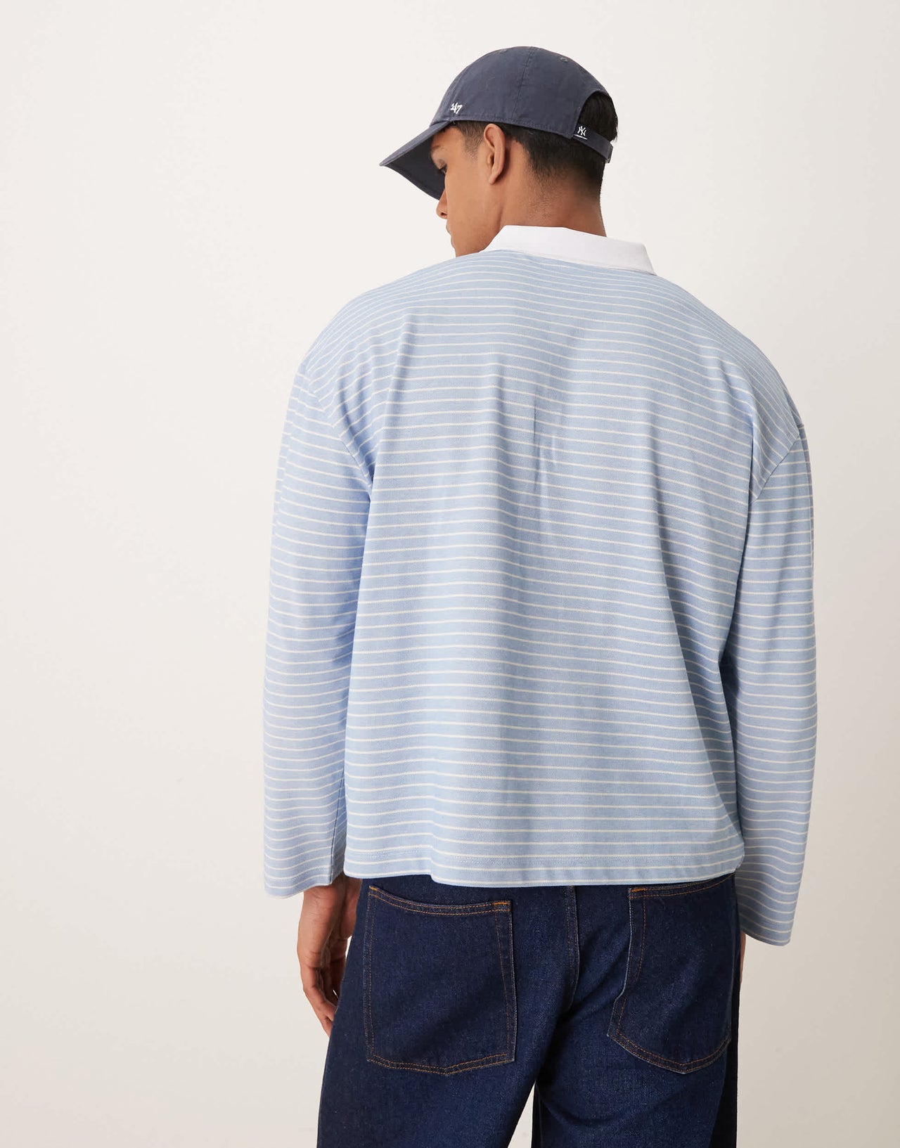 ASOS DESIGN oversized boxy long sleeve polo in blue and white stripe